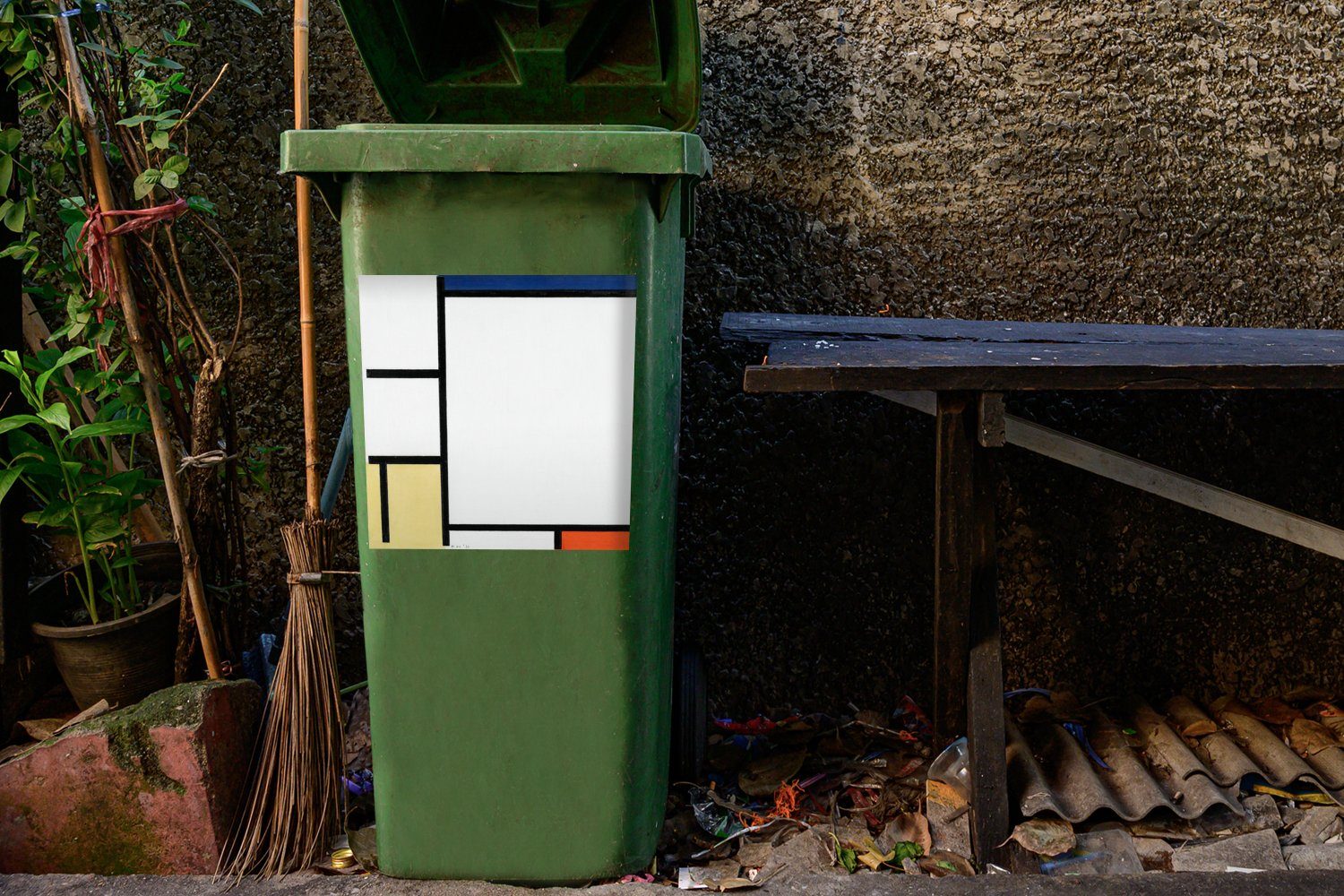 Mülleimer-aufkleber, (1 mit Rot Container, - Mondrian Komposition Sticker, St), Wandsticker Gelb, Blau, Piet MuchoWow Schwarz und Mülltonne, Abfalbehälter