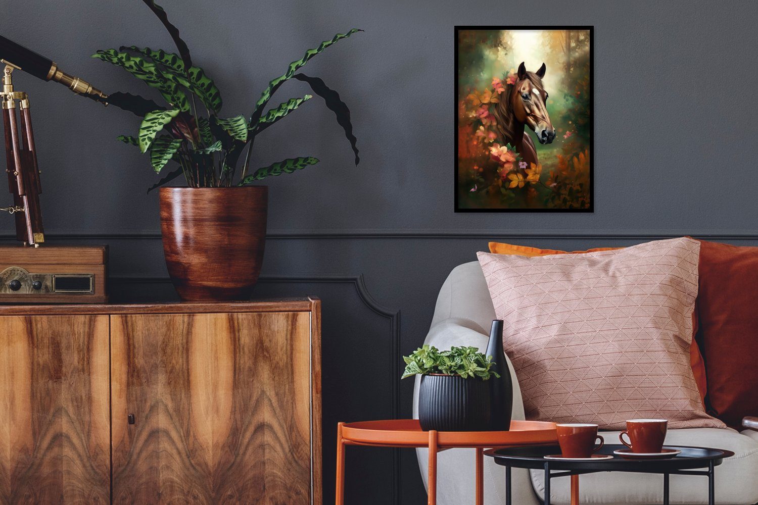 (1 Natur Kunstdruck, MuchoWow Wald - Poster, Gerahmtes Poster - Rahmen, Tiere - Orange, - Pferd St), Bilderrahmen Schwarzem Blumen mit -