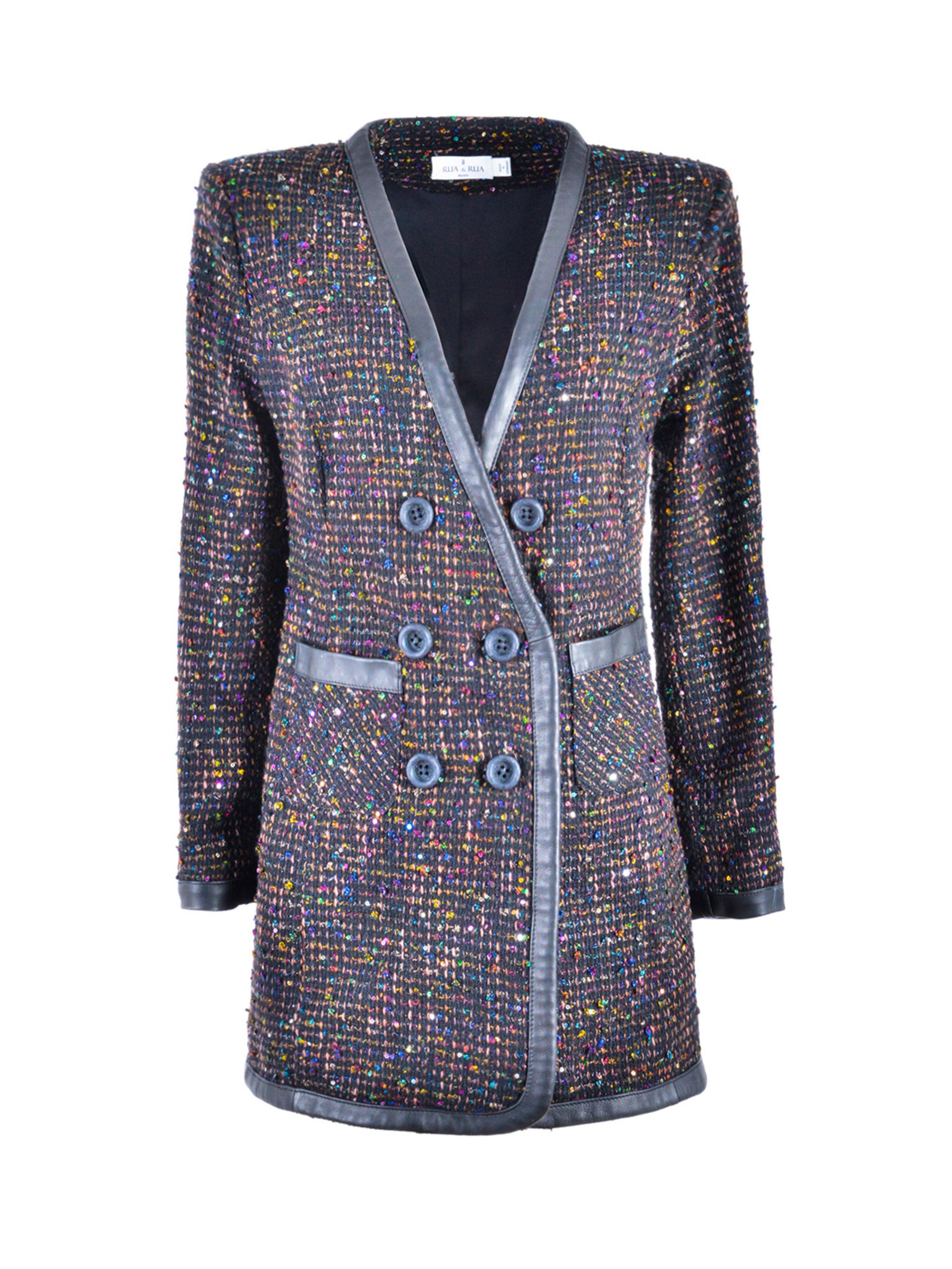 Longblazer Bouclé-Tweed & Leder-Blazer Kleid in Schwarz