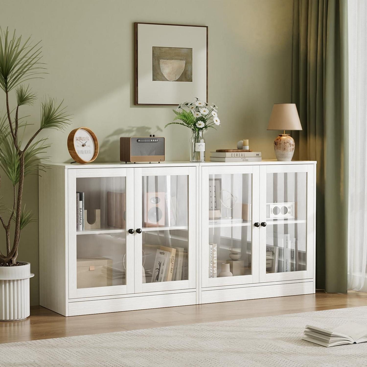 LuxusKollektion Buffet Sideboard 2 Glastüren Buffetschrank TV Board Schlafzimmer Weiß 2PCS