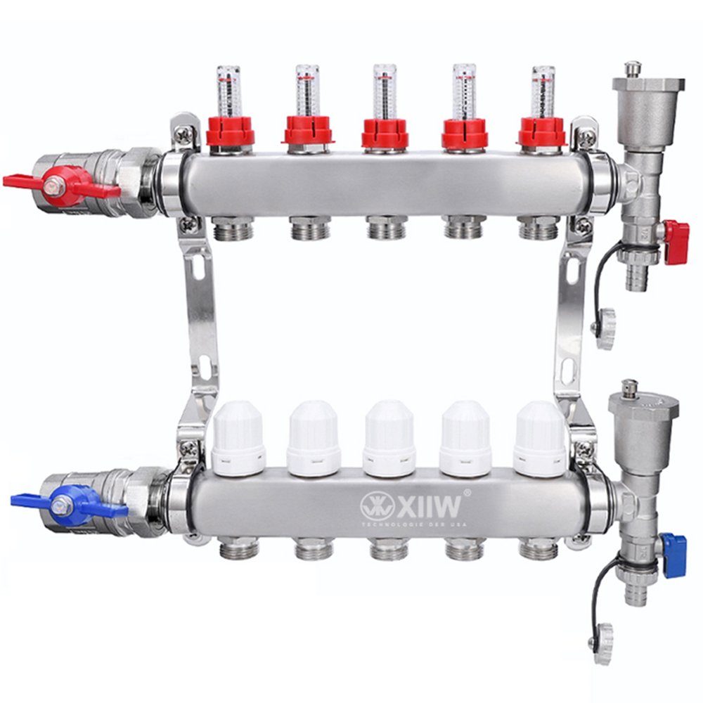 XERSEK Fußbodenheizung Edelstahl Heizkreisverteiler 2-13 Fach Heizkreise für Fußbodenheizung, mit Entlüfter Durchflussmesser für HKV