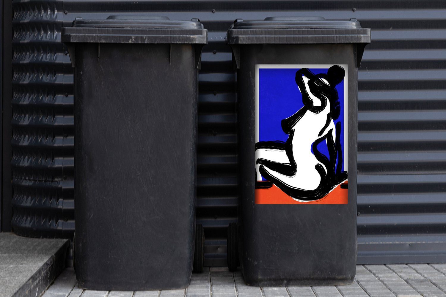 MuchoWow Wandsticker Porträt - Rot Abfalbehälter - Mülltonne, (1 Blau Mülleimer-aufkleber, St), Container, Abstrakt - Frau - Sticker