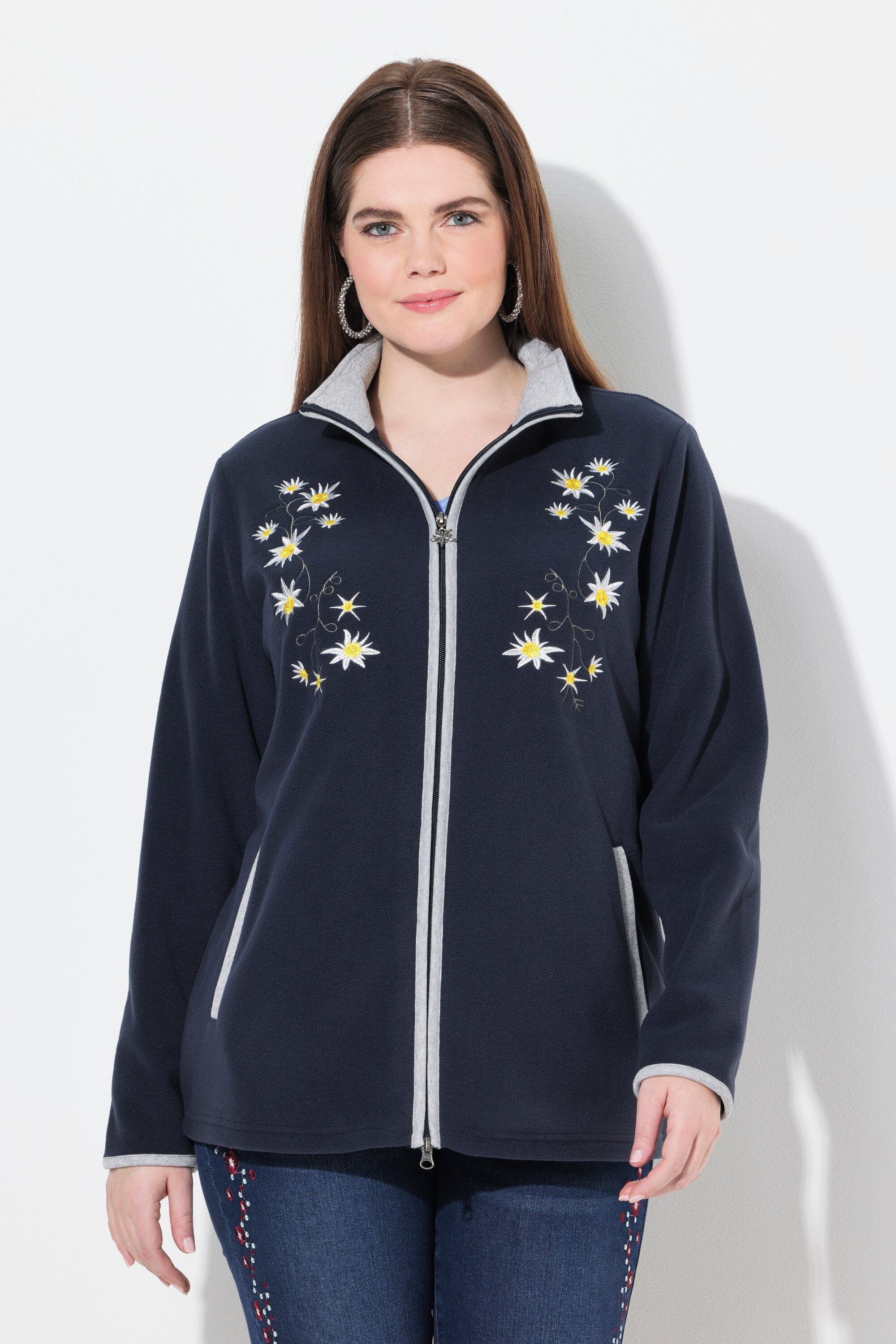 Ulla Popken Sweatjacke Trachten-Fleecejacke Edelweiß-Stickerei günstig online kaufen