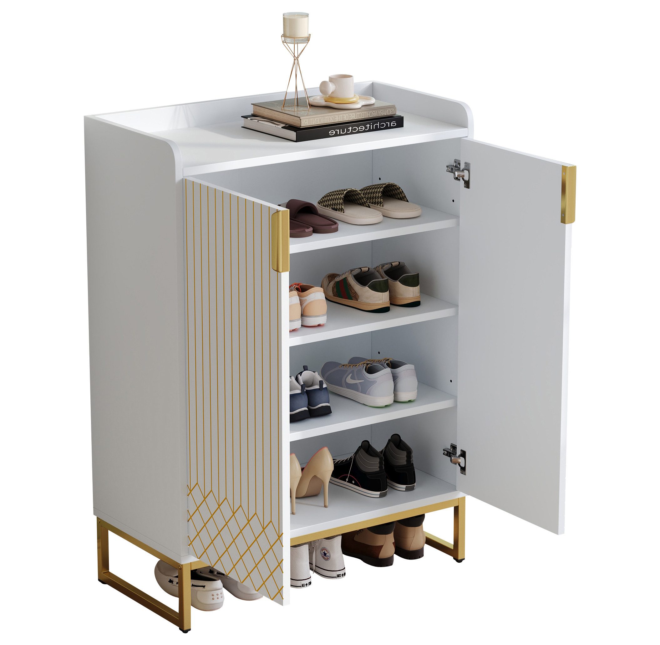 MODFU Schuhschrank Mattweiß mit Gold-Akzenten, 4 höhenverstellbare Fächer (Aufbewahrungsschrank, Schuhregal, Sideboard, Kommode, 1-St., 2 Türen) praktische Ablagefläche, mit Metallfüßen