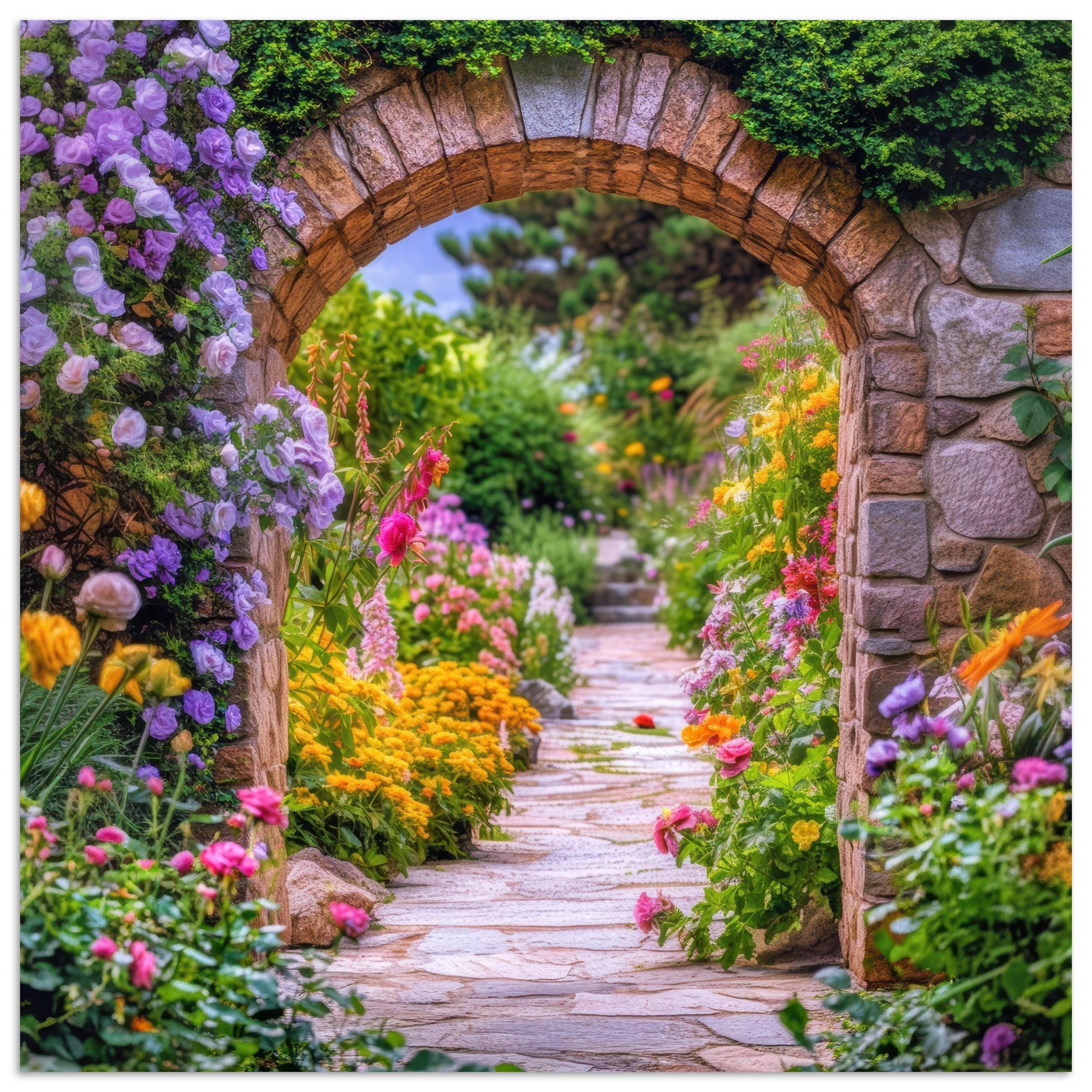 MuchoWow Poster Durchblick - Blumen - Weg - Natur, (1 St), Wandbild, Wohnzimmer Deko, Qualitätsdruck Dickes Papier, 75x75 cm