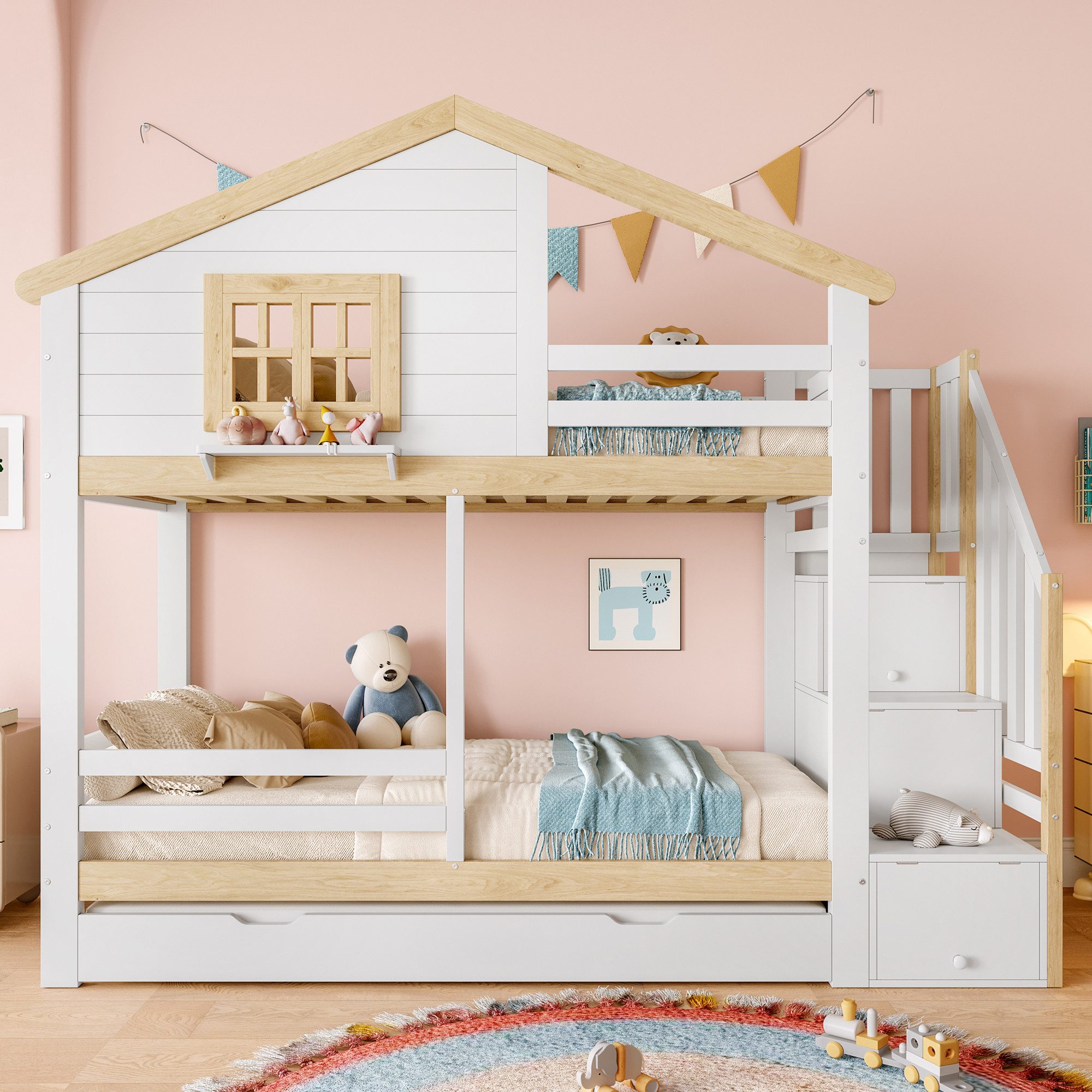 OKWISH Etagenbett Kinderbett (mit Ausziehbett & Stauraumtreppe, Hausdesign mit Fenster, 90x200 cm), ohne Matratze
