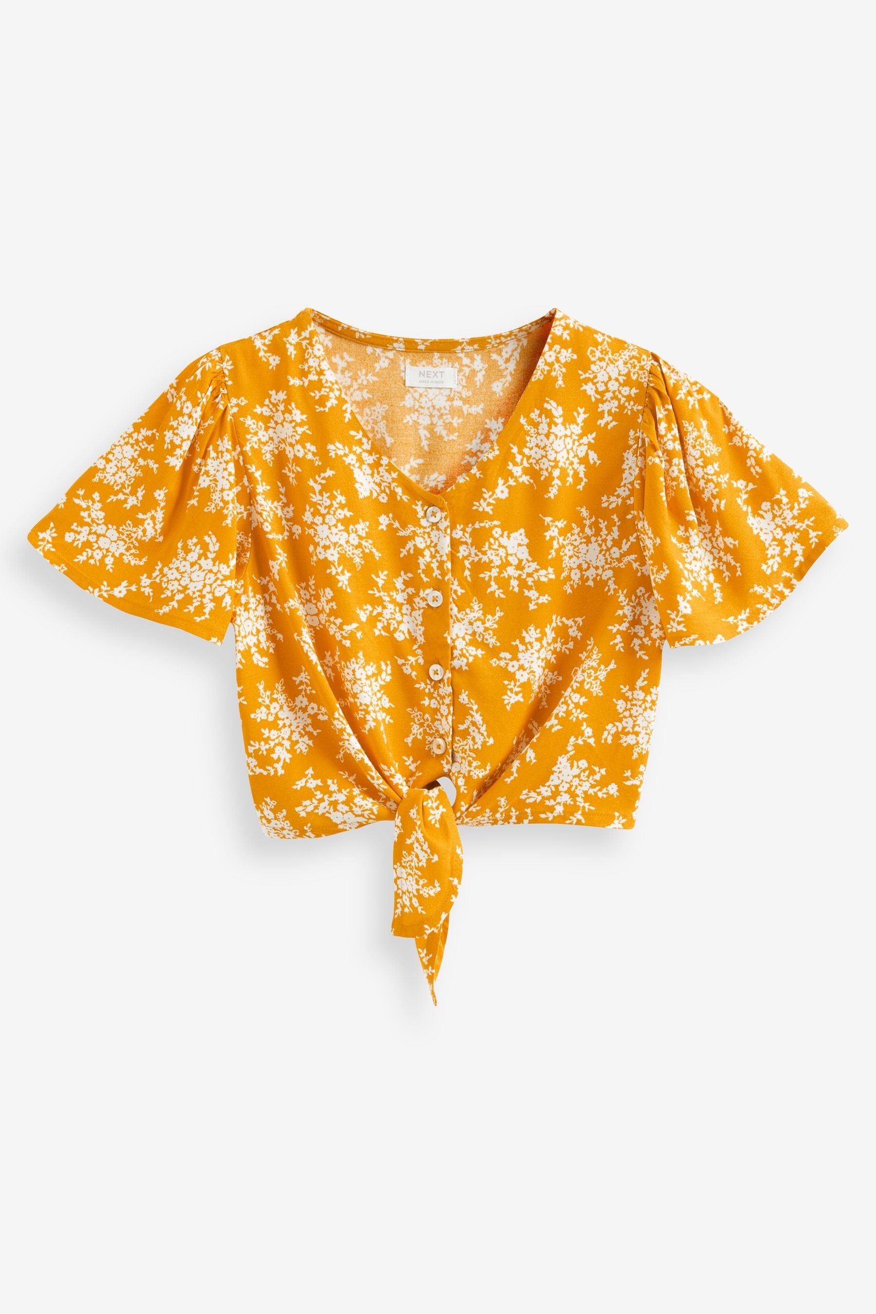 Next Kurzarmbluse Bedrucktes T-Shirt mit Bindeband vorne (1-tlg) Yellow Floral