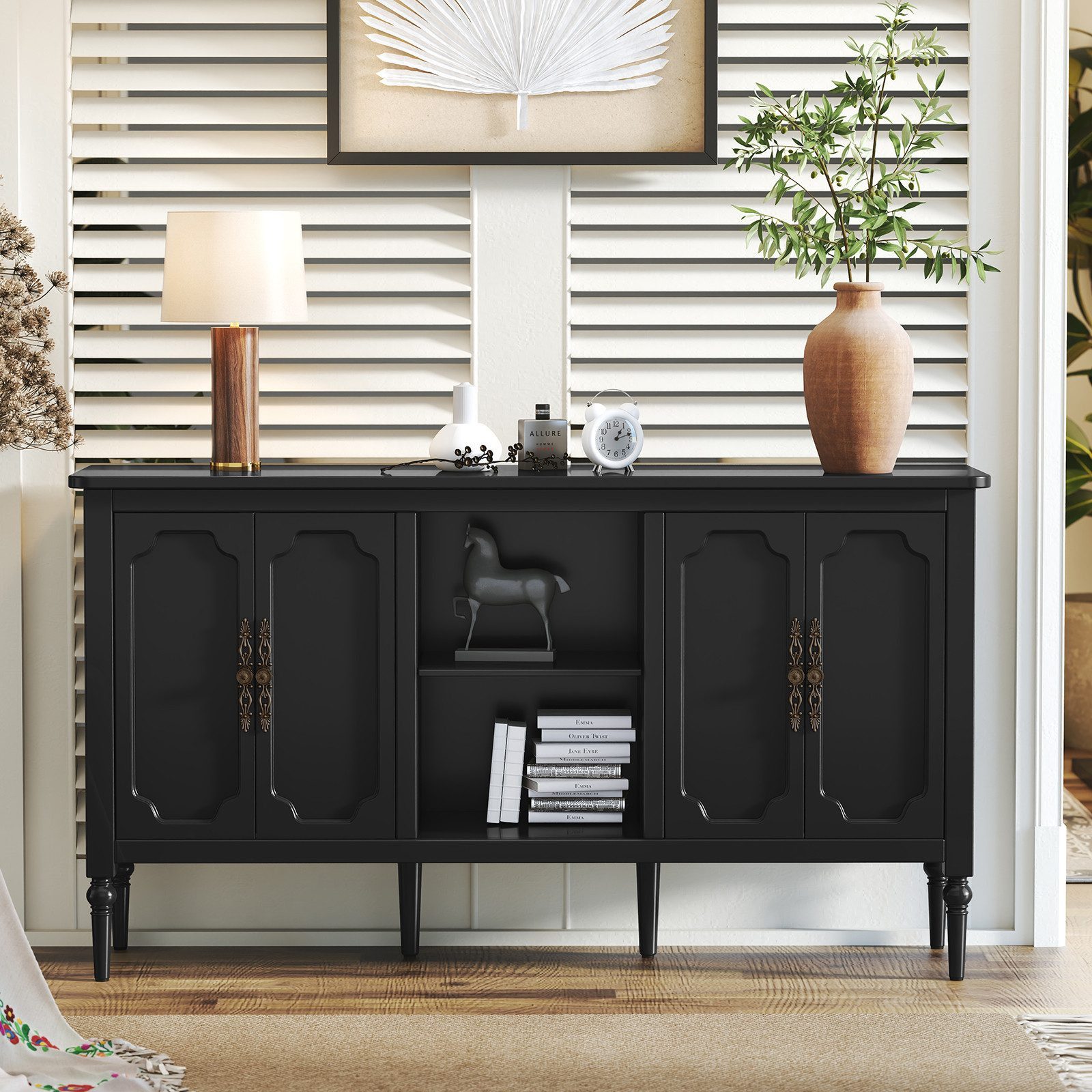 HOLTICO Sideboard Buffet Schrank mit 4 Türen und offenem Regal, Vintage Akzent Kommode (1 St), TV-Schrank, Küchenschrank, Kredenz, und Weinschrank