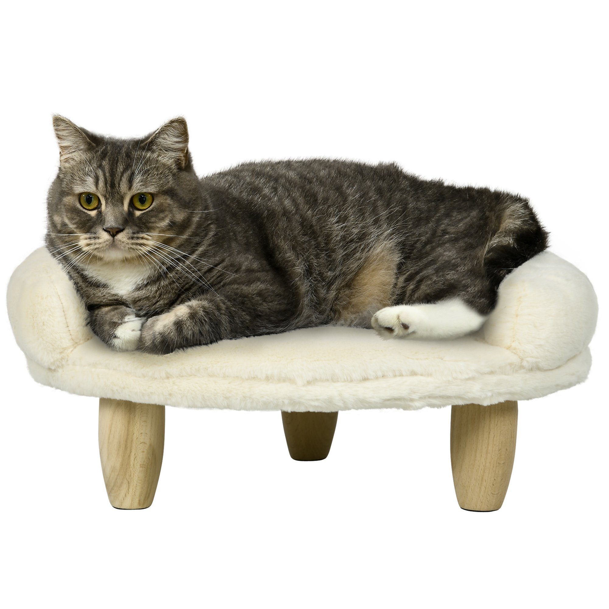 PawHut Tierbett Haustiersofa mit Erhöhtem Design Katzensofa mit Holzbeine, Plüsch, Creme, 47 x 40 x 20 cm