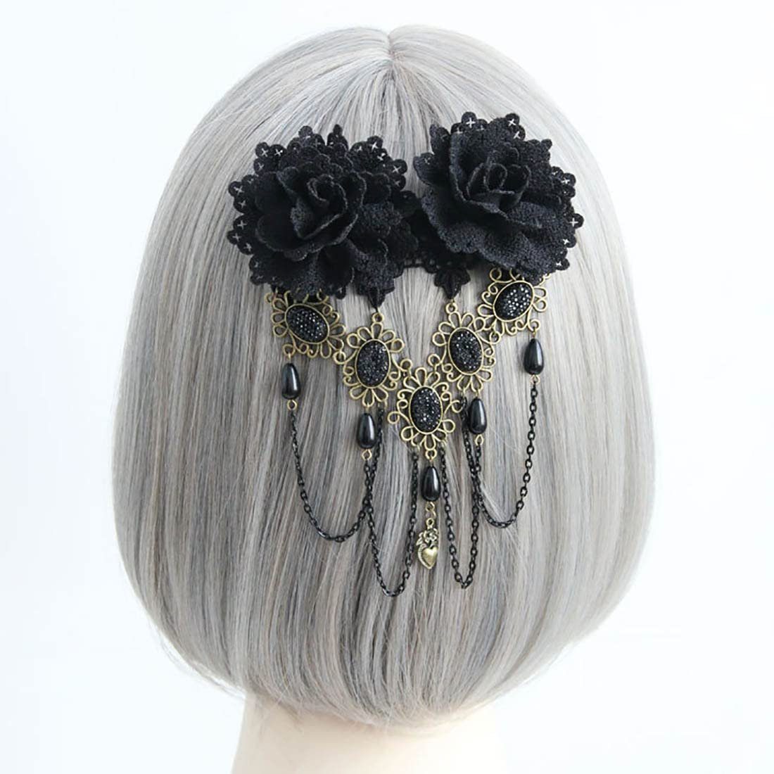 WaKuKa Diadem Vintage Quasten-Kopfschmuck mit schwarzen Blumen und Gothic-Perlen (1-tlg)