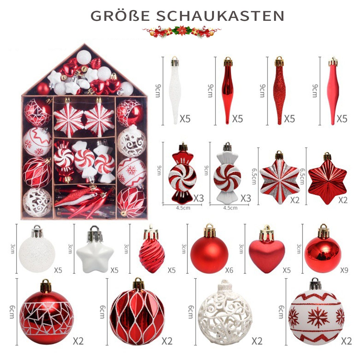 Weihnachtsdeko Rot/Weiß 73tlg MAGICSHE Weihnachtsbaumkugel Ornamente-Set