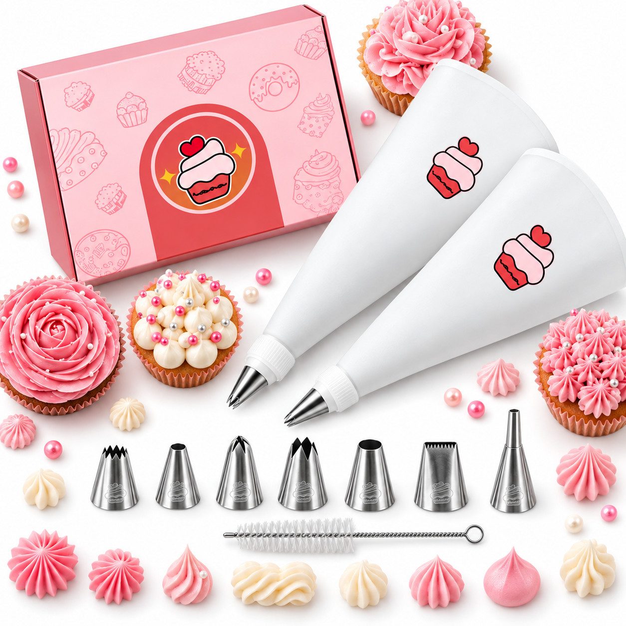 Onbest Spritzbeutel Set 14-tlg. Torten Kuchen Cupcakes Back Zubehör Set (12-tlg) Edelstahl Tülle, 2x Baumwolle Beutel, Geschenk Set fürs Backen