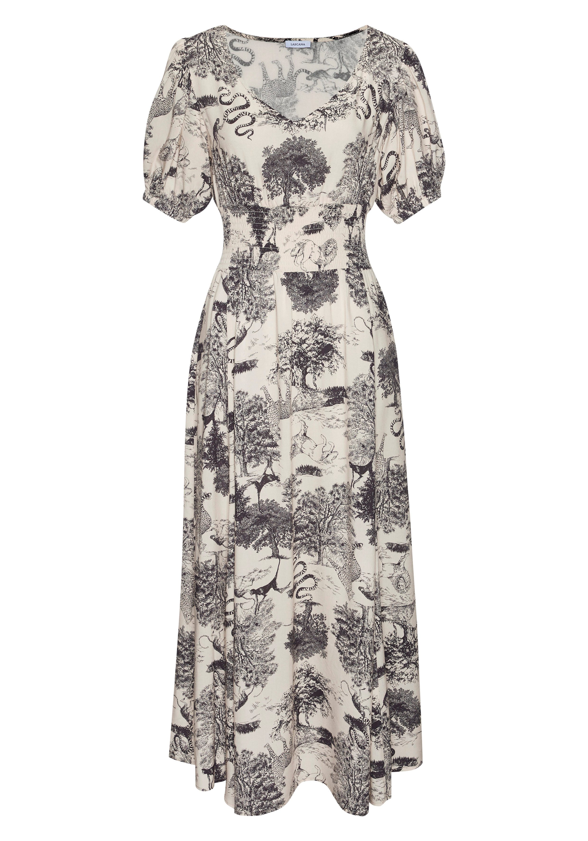 LASCANA Maxikleid mit Alloverdruck und V-Ausschnitt, Sommerkleid, Strandkleid