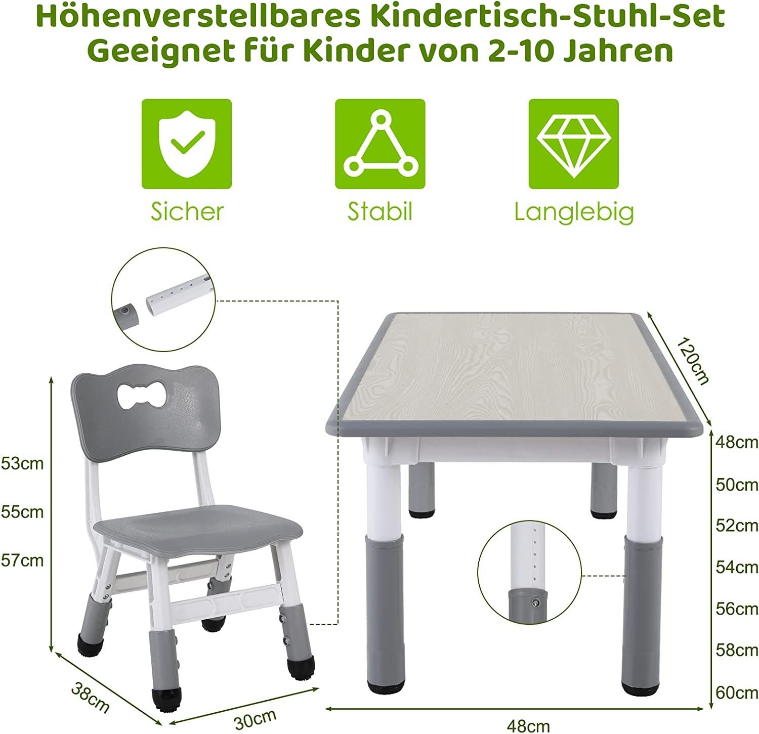 Stuhl mit 4 Kindertisch TLGREEN Set Kindersitzgruppe Grau Höhenverstellbar Stühlen, Tisch