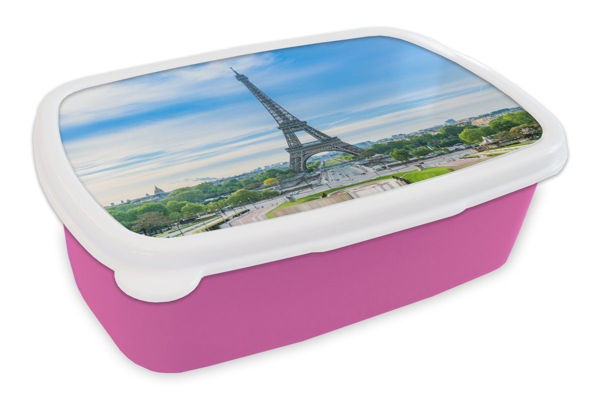 MuchoWow Lunchbox Der Eiffelturm vor einer farbenprächtigen Kulisse, Kunststoff, (2-tlg), Brotbox für Erwachsene, Brotdose Kinder, Snackbox, Mädchen, Kunststoff rosa