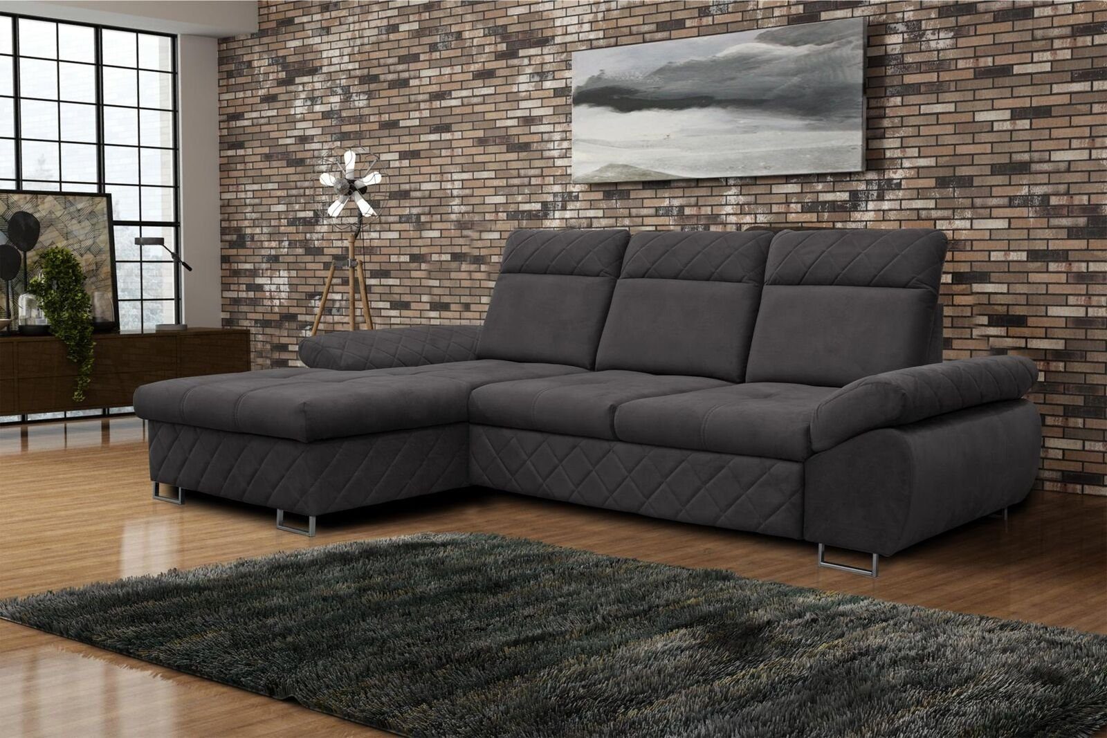 JVmoebel Ecksofa Wohnzimmer Textil L-Form Sofas Braune Ecksofa Couch Polstermöbel, Mit Bettfunktion Grau | Ecksofas