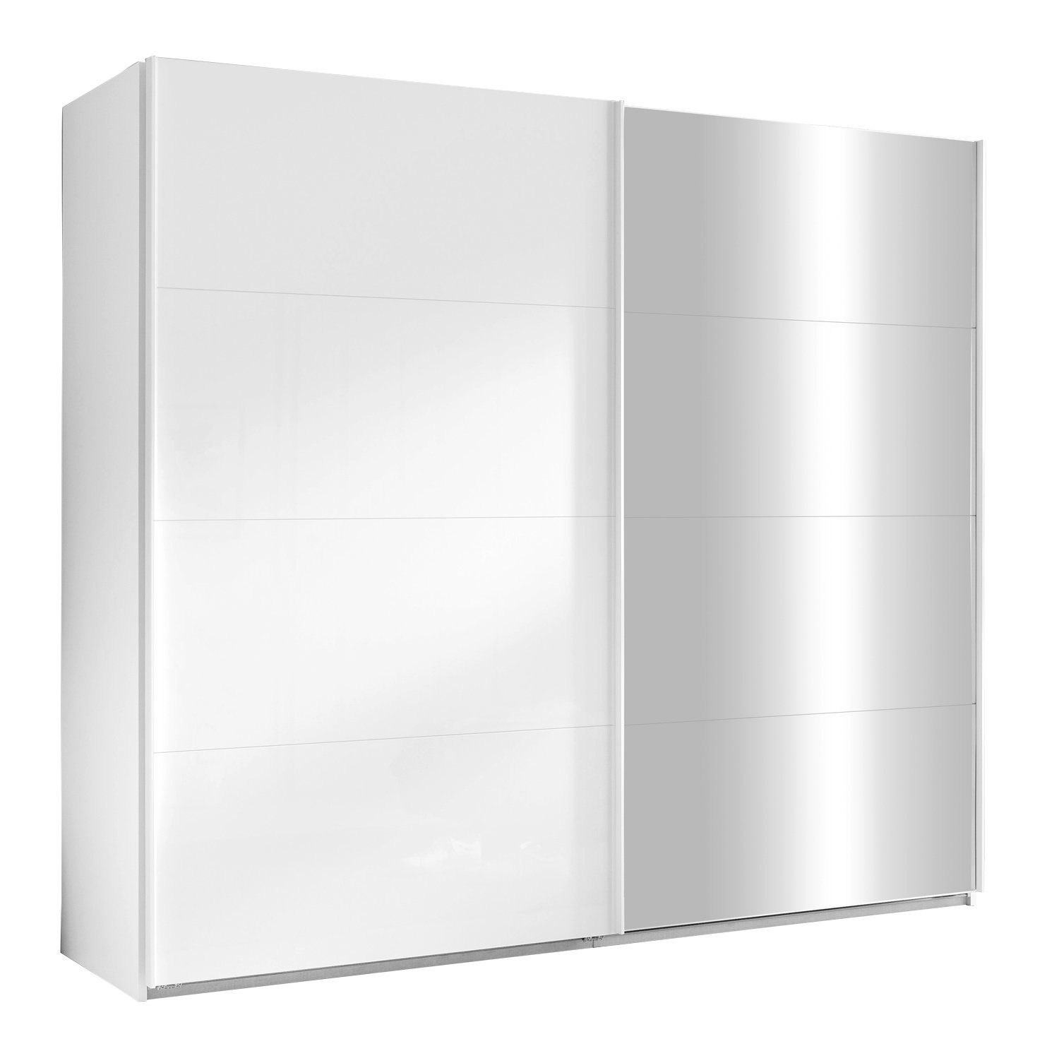 Composad Schwebetürenschrank SYSTEMA, 2-türig, Weiß matt, Weiß Hochglanz, mit Spiegel, 2 Einlegeböden, 2 Kleiderstangen, B 250 x H 223 x T 60 cm