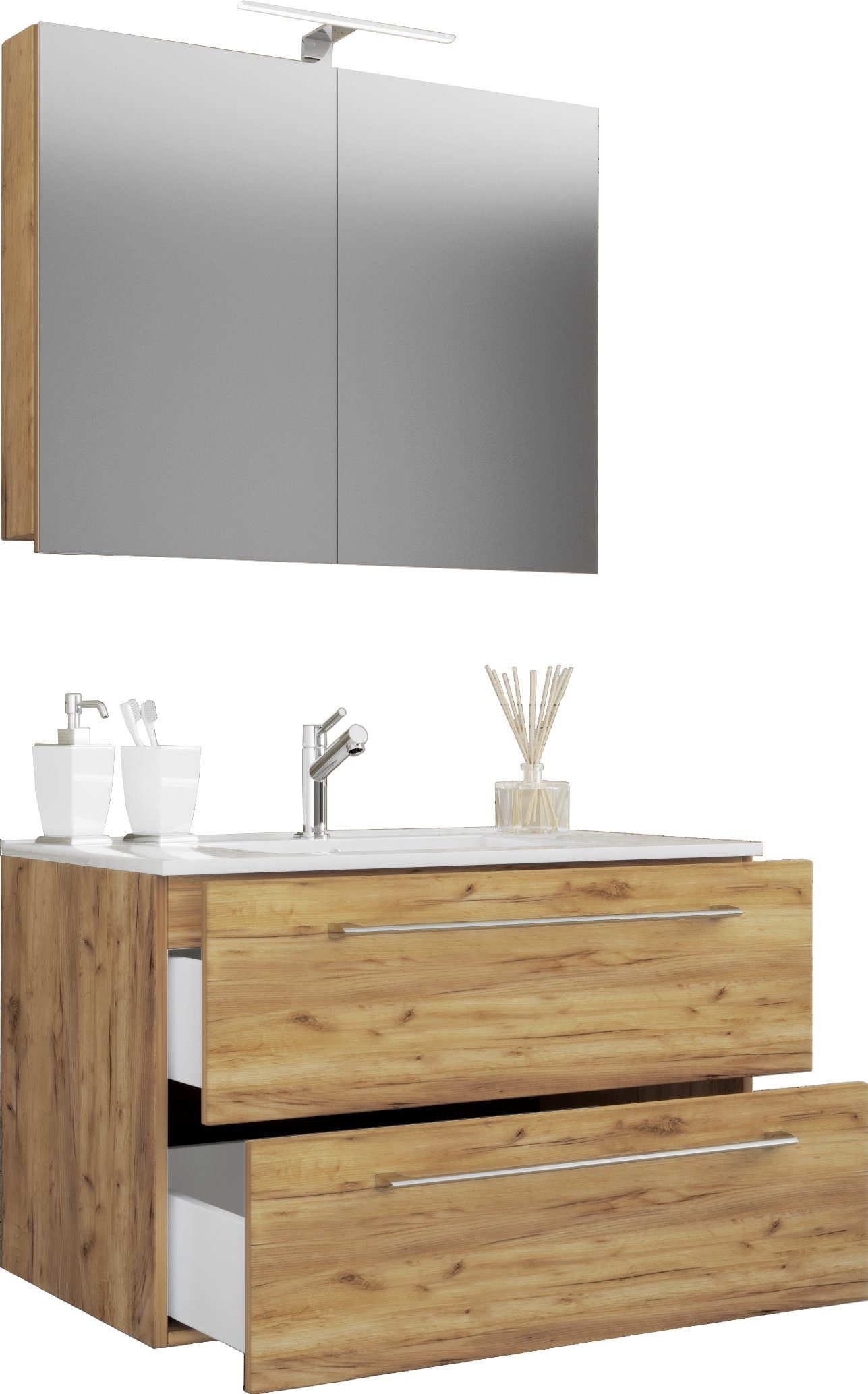 VCM Waschtisch Badinos 3er Set B. 60 x T. 46 x H. 111 cm (Set, 3-St., 1x Unterschrank 1x Waschbecken 1x Spiegel), 2 Schubladen, Badezimmermöbel-Set, pflegeleicht