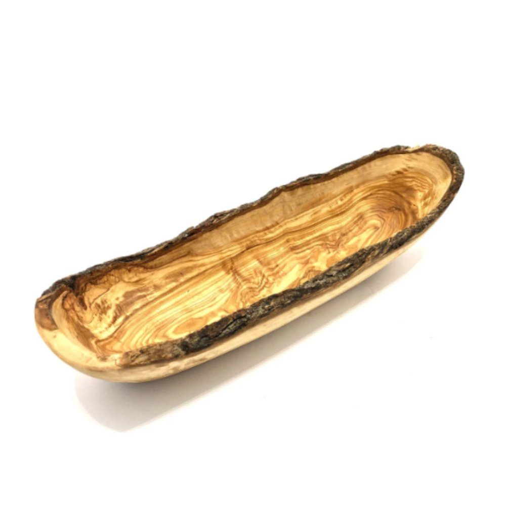Olivenholz-erleben Brotschale aus Olivenholz mit rustikalem und natürlichem Rand (L35-39 cm), Olivenholz, (1-tlg), Passend für lange Brote wie Baguette oder Ciabatta