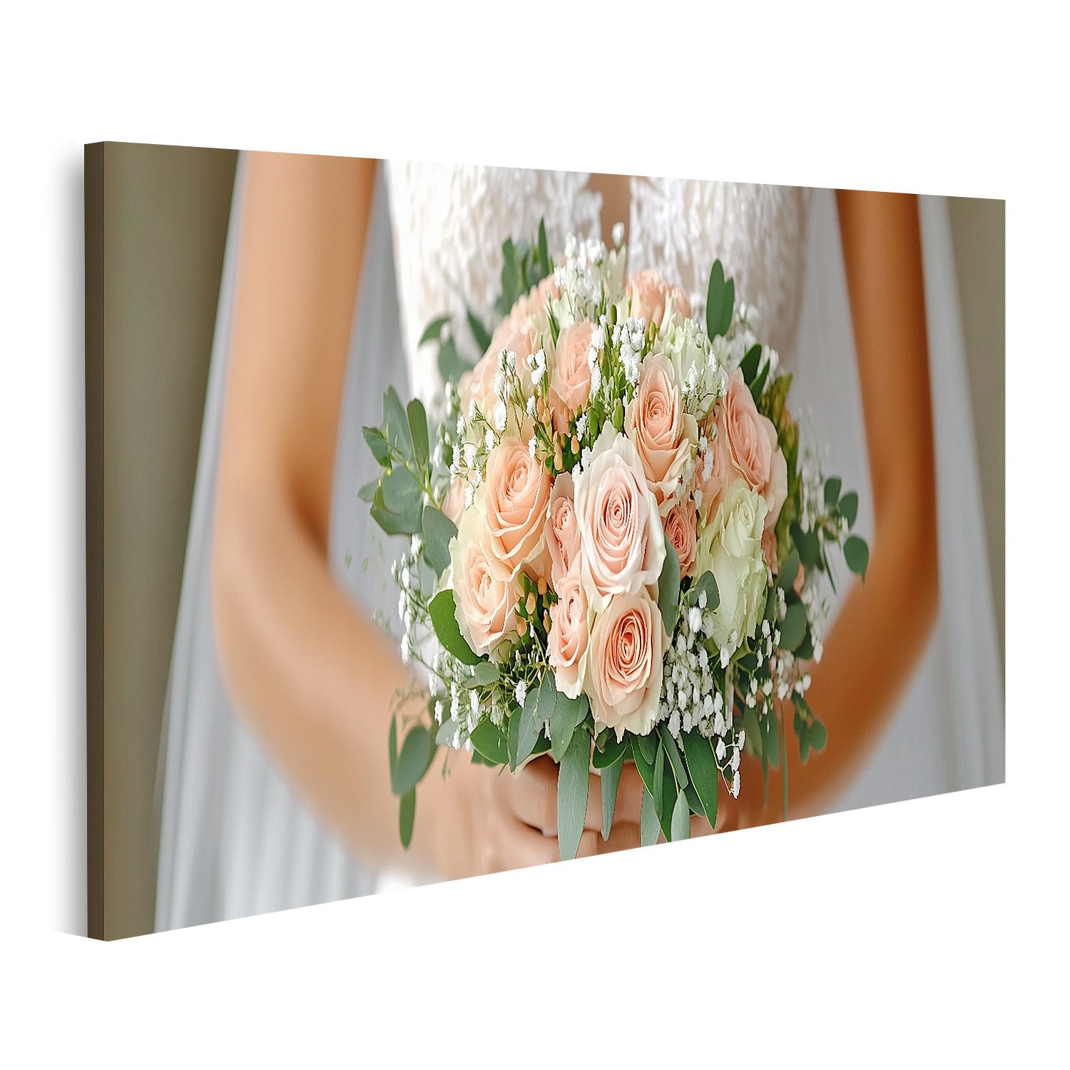 islandburner Leinwandbild, Braut mit elegantem Blumenstrauß aus Rosen und Grünzeug