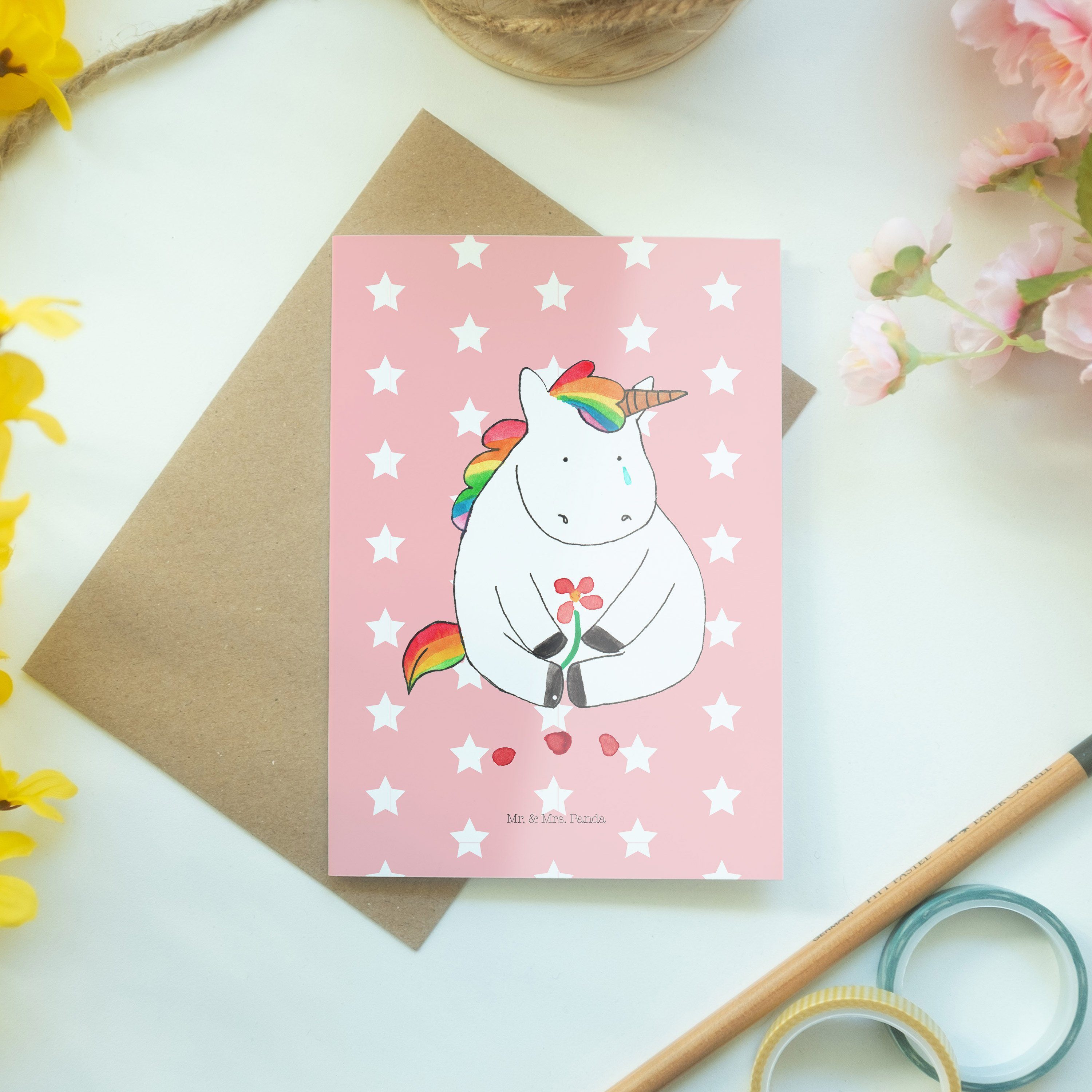 Mr. & Mrs. Panda Klap Einhorn Traurig Pastell - Grußkarte Geschenk, Karte, Hochzeitskarte, - Rot