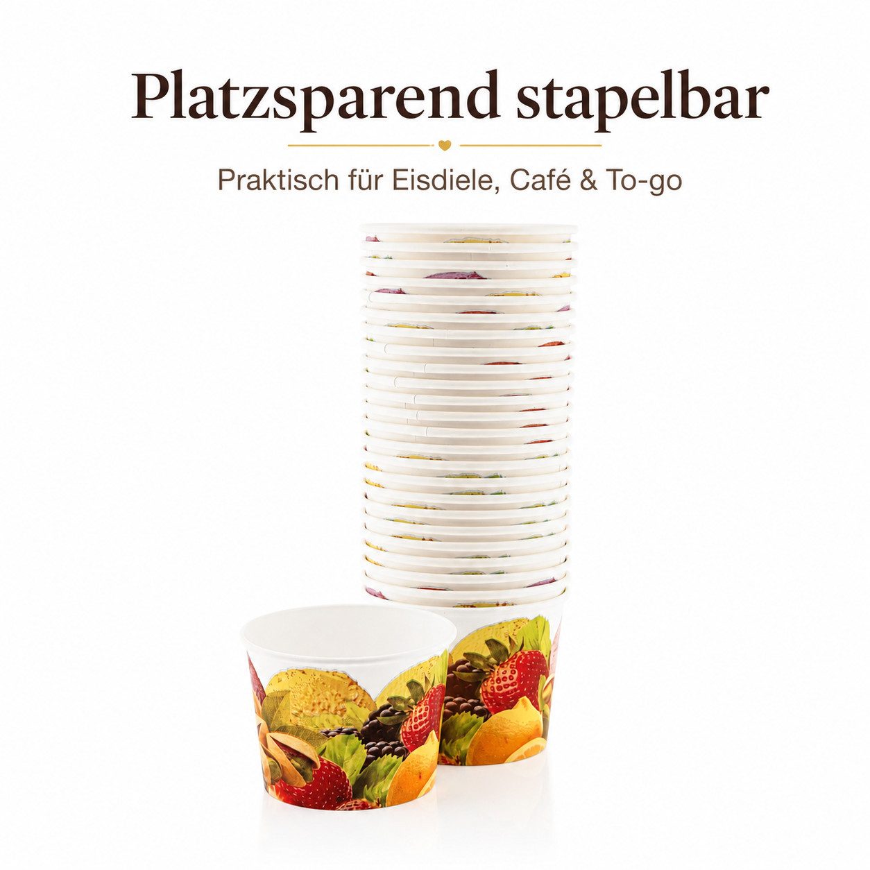 COFI 1453 Einwegschale Eisbecher Fruchtmotiv 100–500 ml, (Spar-Set, 50-tlg), Platzsparend ineinander stapelbar