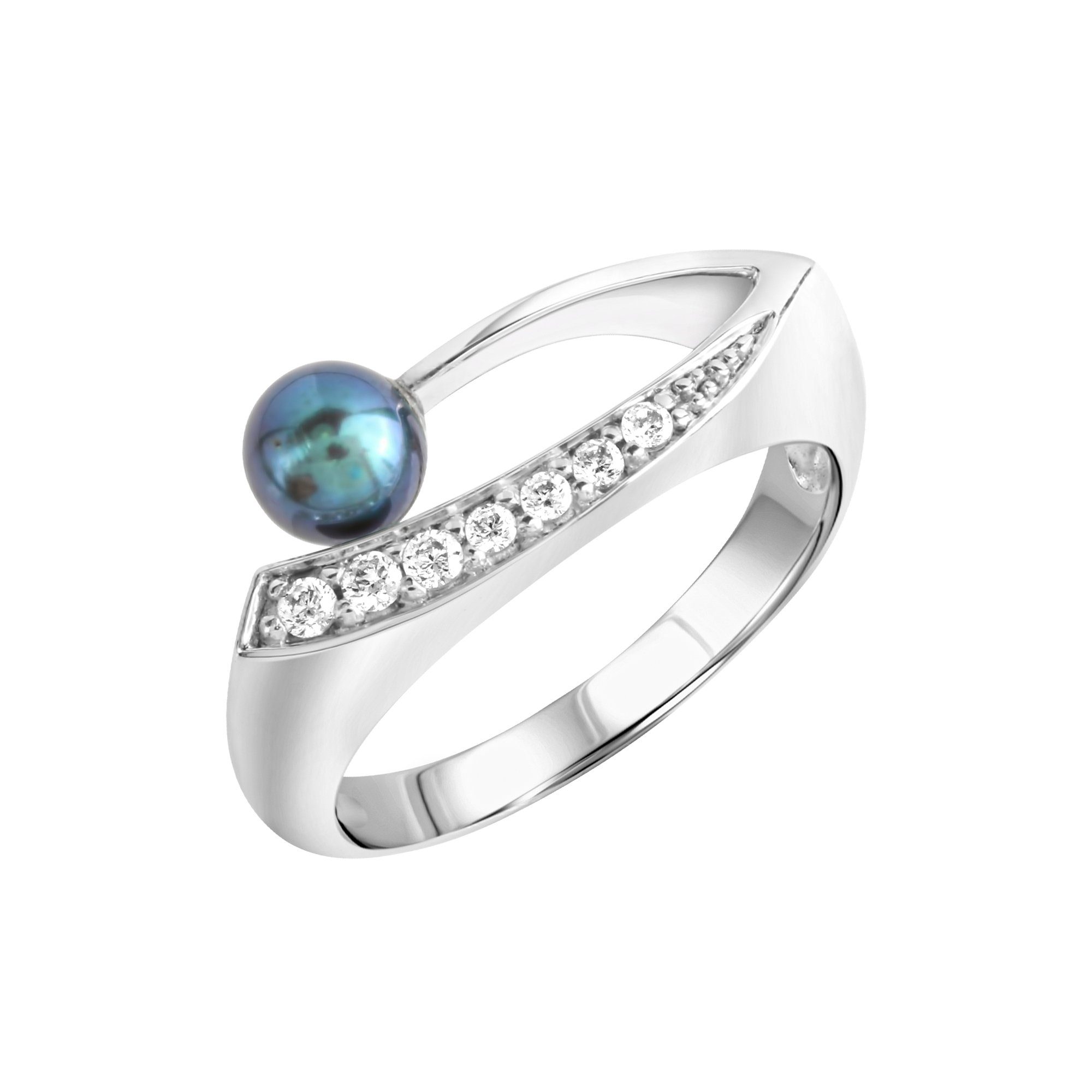Fingerring Silber 925 rhodiniert mit schwarzer Perle & Zirkonia weiß