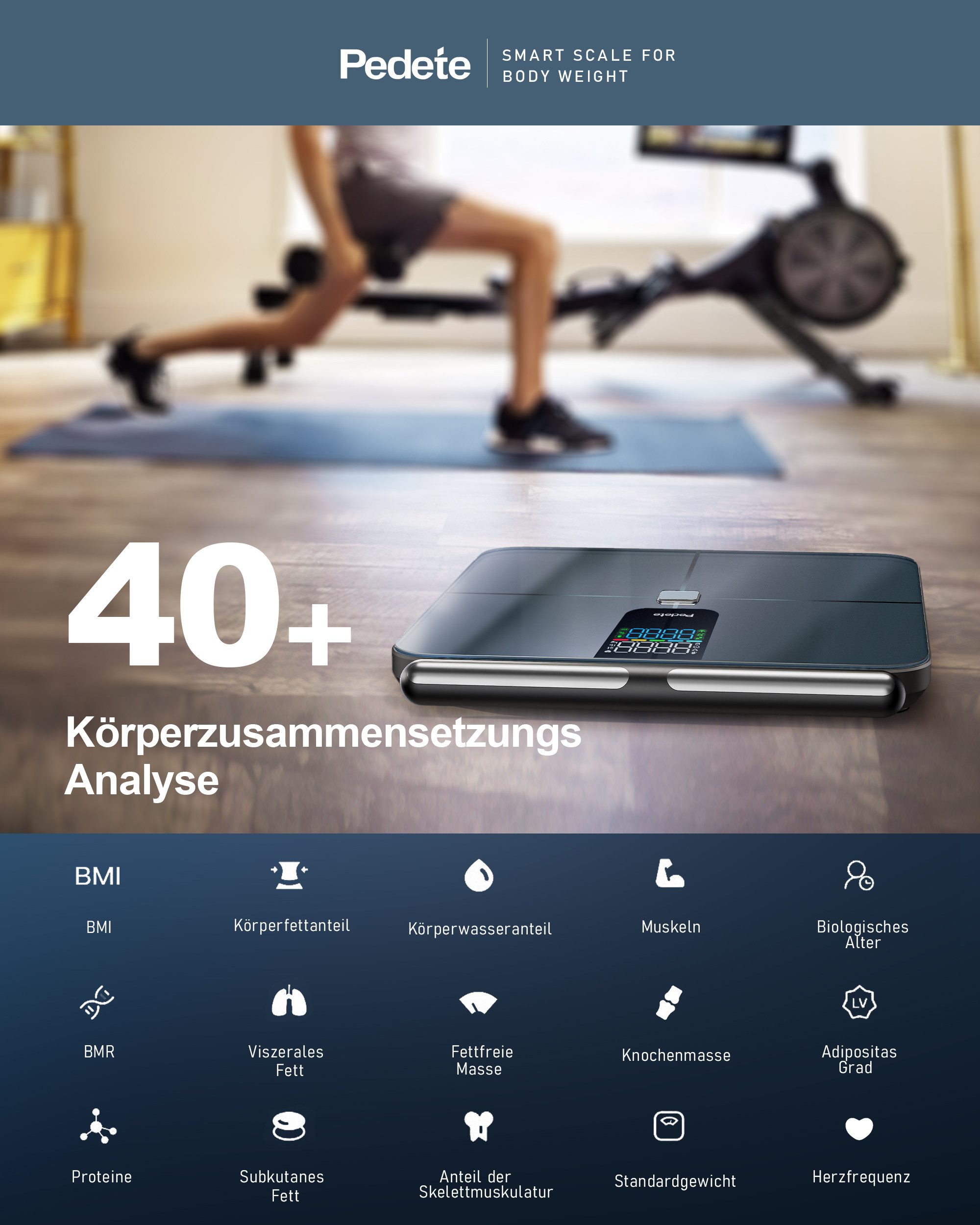 ibettertec Körper-Analyse-Waage Fitness Körperfettwaage mit 8 sensoren,Bluetooth, LED-Anzeige, mit App zur Übertragung und Tracking der Messwerte, Körper & Viszeralfett, Muskelmasse, BMI & RMR,Tragkraft 180 kg