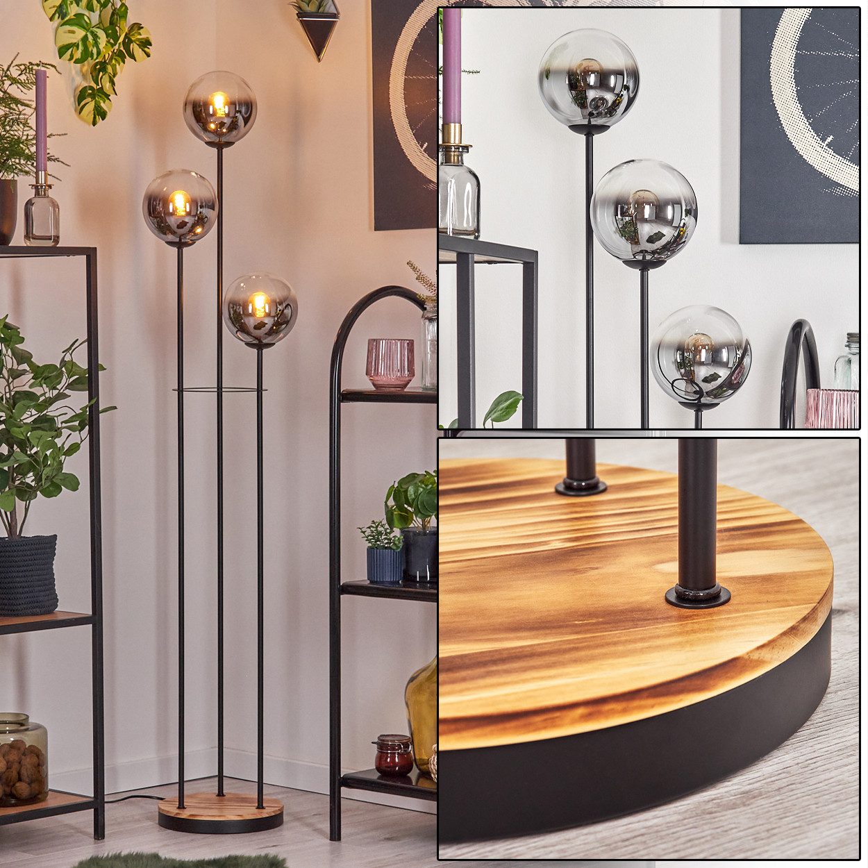 hofstein Stehlampe Stehlampe aus Metall/Holz/Riffelglas in Schwarz/Hellbraun/Bernstein, ohne Leuchtmittel, Stehleuchte im Retro-Design m. Glasschirmen (15cm), Fußschalter, E14
