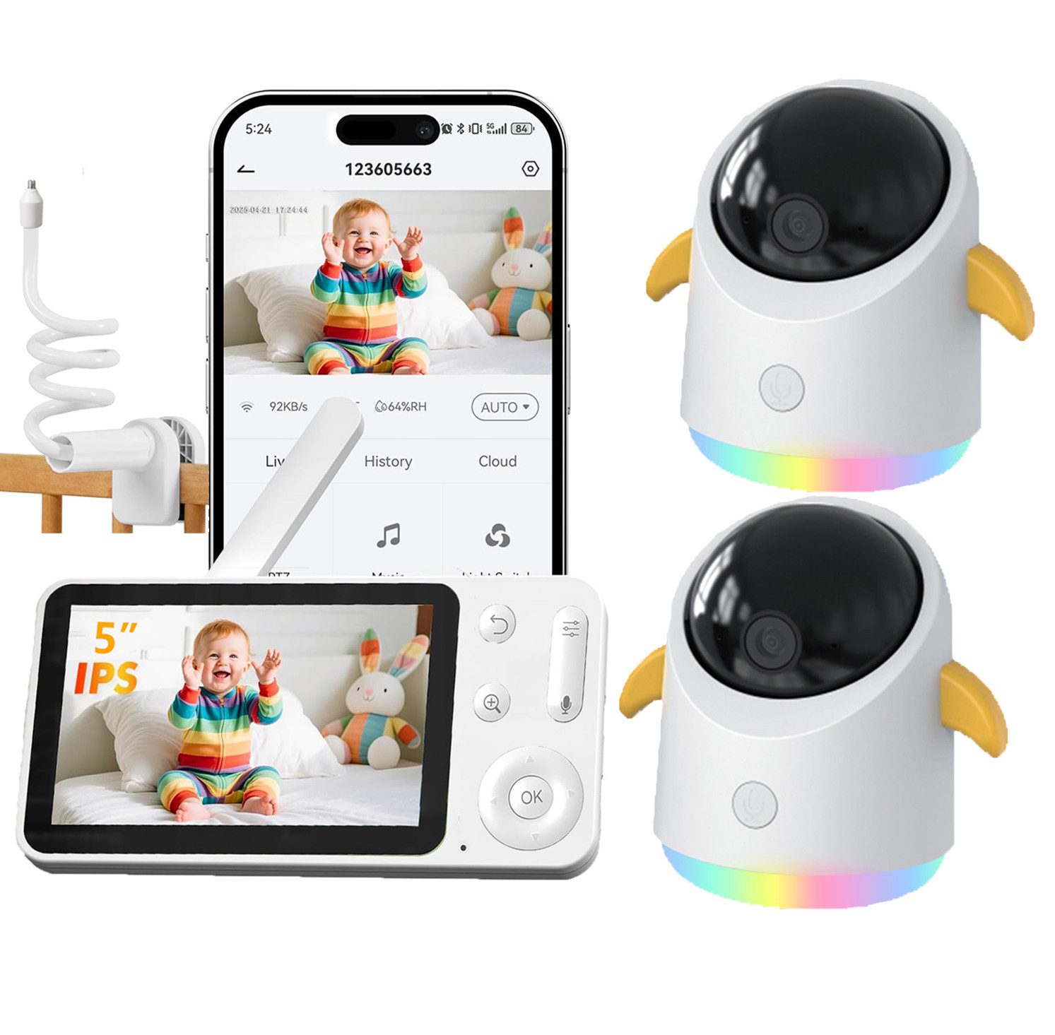 Video-Babyphone 2K/3MP Babyphone mit Kamera und App 5 Zoll WLAN Babyfon mit Halter