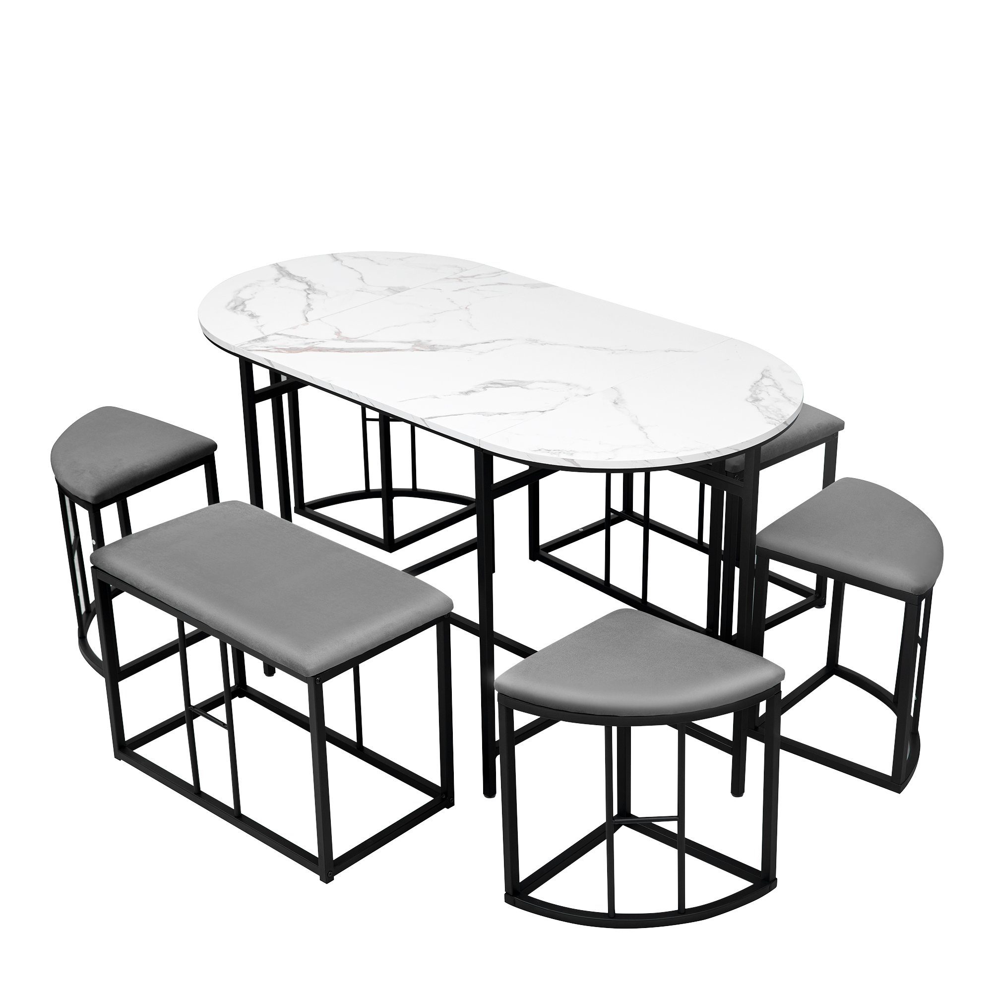Essgruppe, (Küchentisch Set, 7-tlg., Esstisch mit 6 Hockers), Tisch in Marmoroptik, Samt Hocker, Stahlrahmen