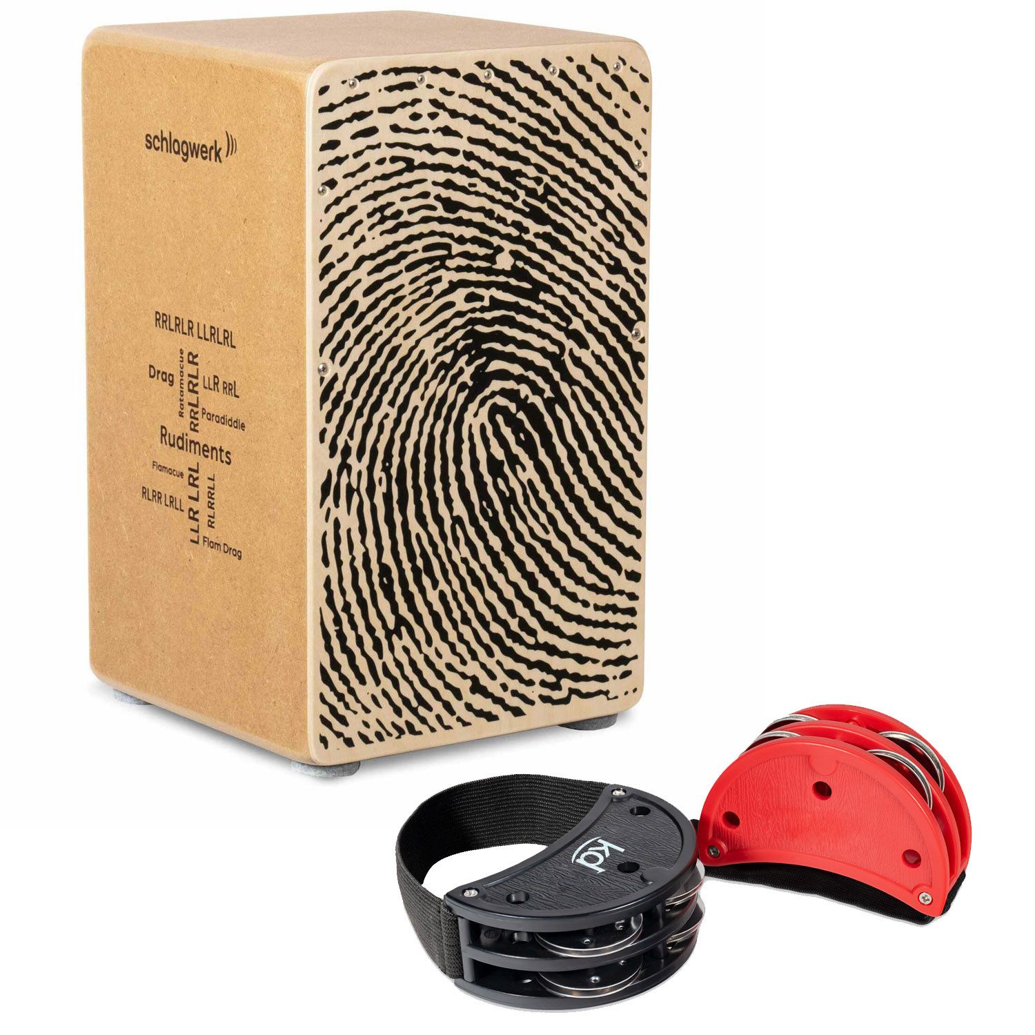 Schlagwerk Cajon Schlagwerk Cajon CP82 Rudiments Fingerprint mit Fußtambourin-Set, Cajon, Vorteils-Set mit Fußtambourin-Set