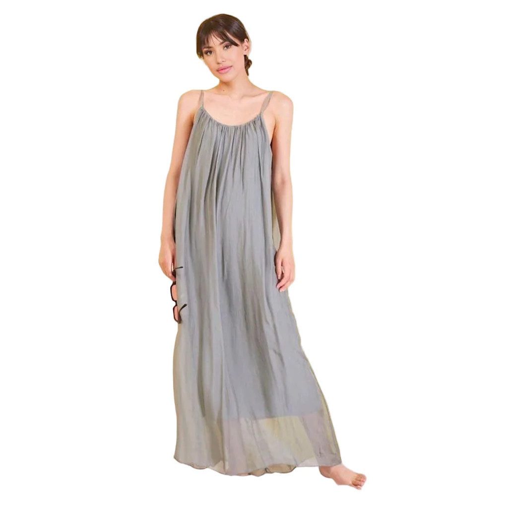BZNA Sommerkleid Langes Ibiza Boho Style Sommerkleid aus Seidenchiffon Seidenkleid mit Pailletten am Träger