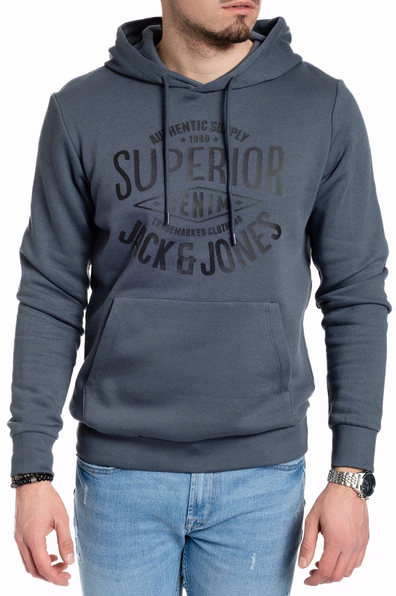 Jack & Jones Kapuzensweatshirt mit Kängurutasche, unifarben, mit Logodruck, mit Kapuze Darkslate-Black