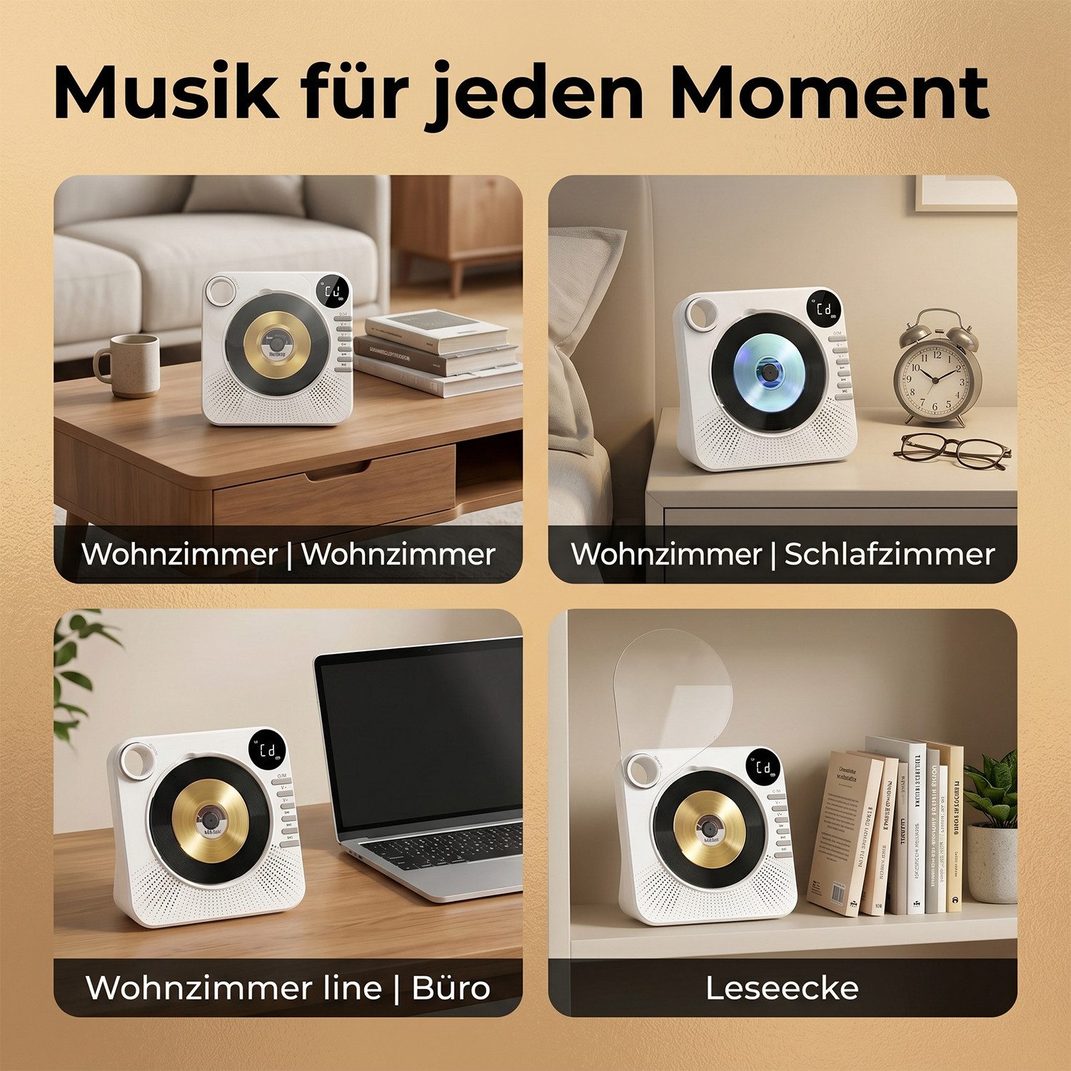 AKKEE Tragbarer CD-Player mit Bluetooth, USB/AUX-Anschluss und LCD-Display CD-Player (Tragbarer cd Player für Zuhause)