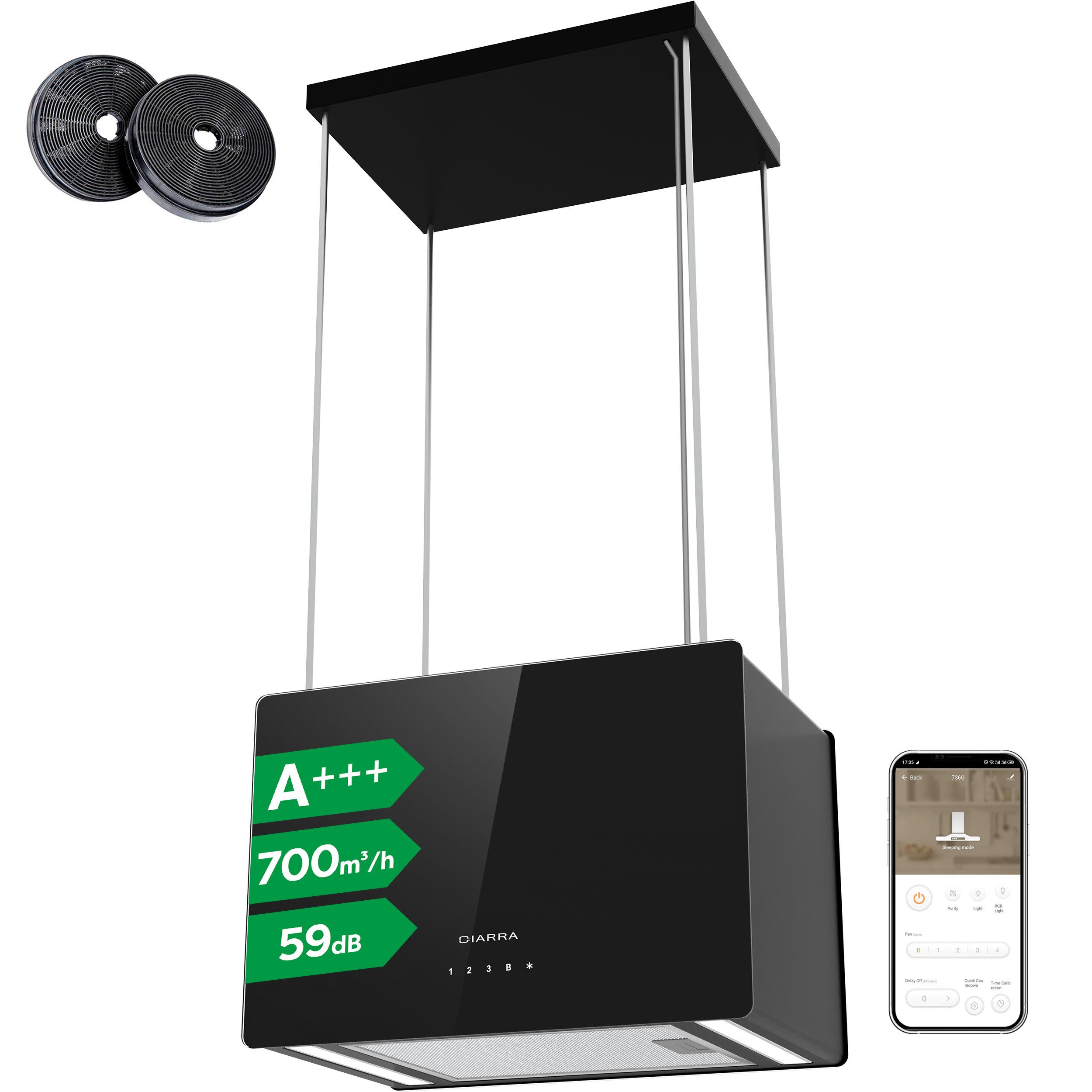 CIARRA Inselhaube 48 cm A+++ 700 m³/h leise Dunstabzugshaube freihängend Umluft CBCB4850 48 cm A+++ 700 m³/h leise Dunstabzugshaube freihängend Umluft CBCB4850, WIFI-APP Touch Control Inkl. BOOST 4 Stufen mit Kohlefilter & LED