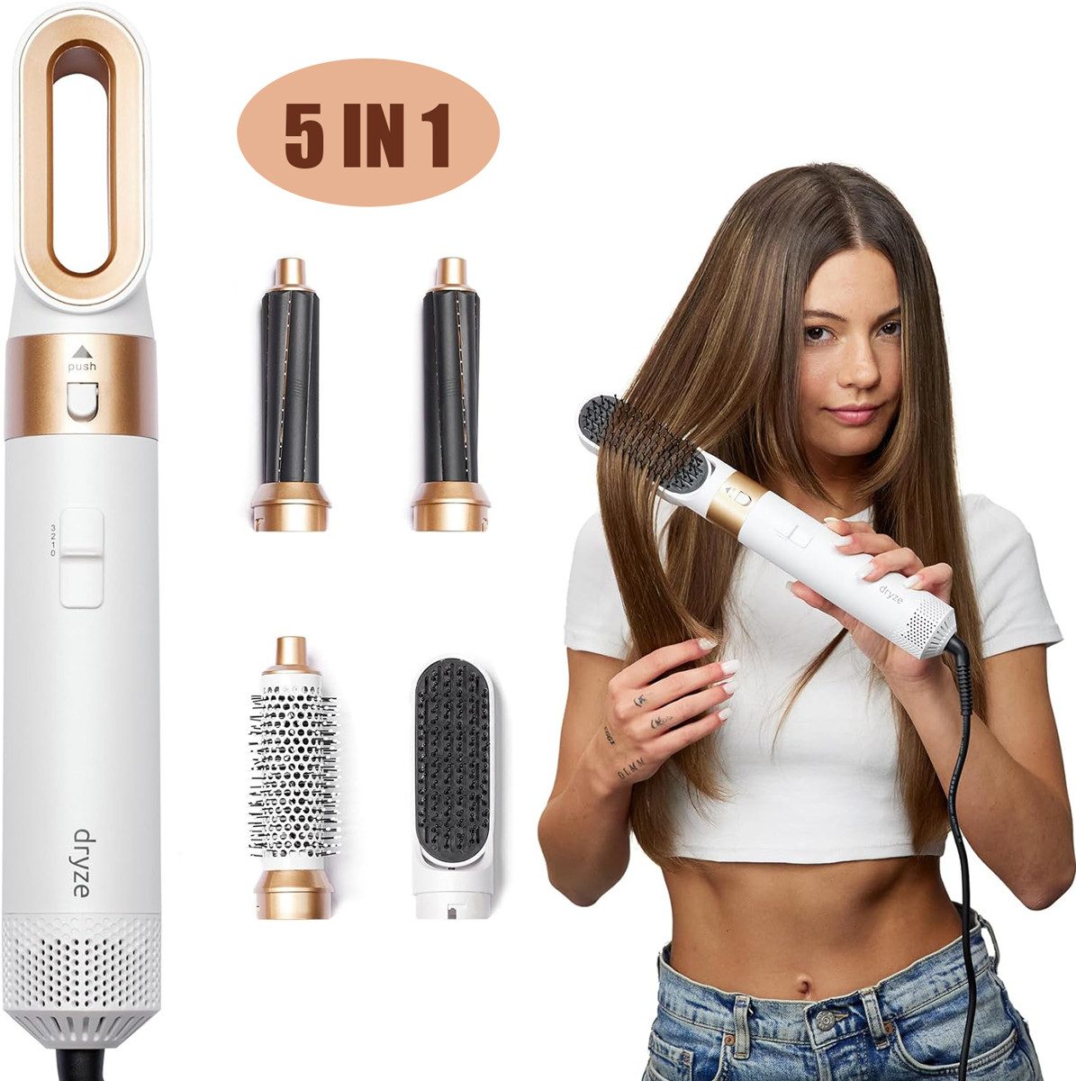 MOPUEA Lockenstab 5 in 1 Heißluftkamm,Warmluftbürste Set,Automatischer Lockenstab, Ionentechnik, mehrere Temperaturen, Auto-Off, leicht,reisefreundlich