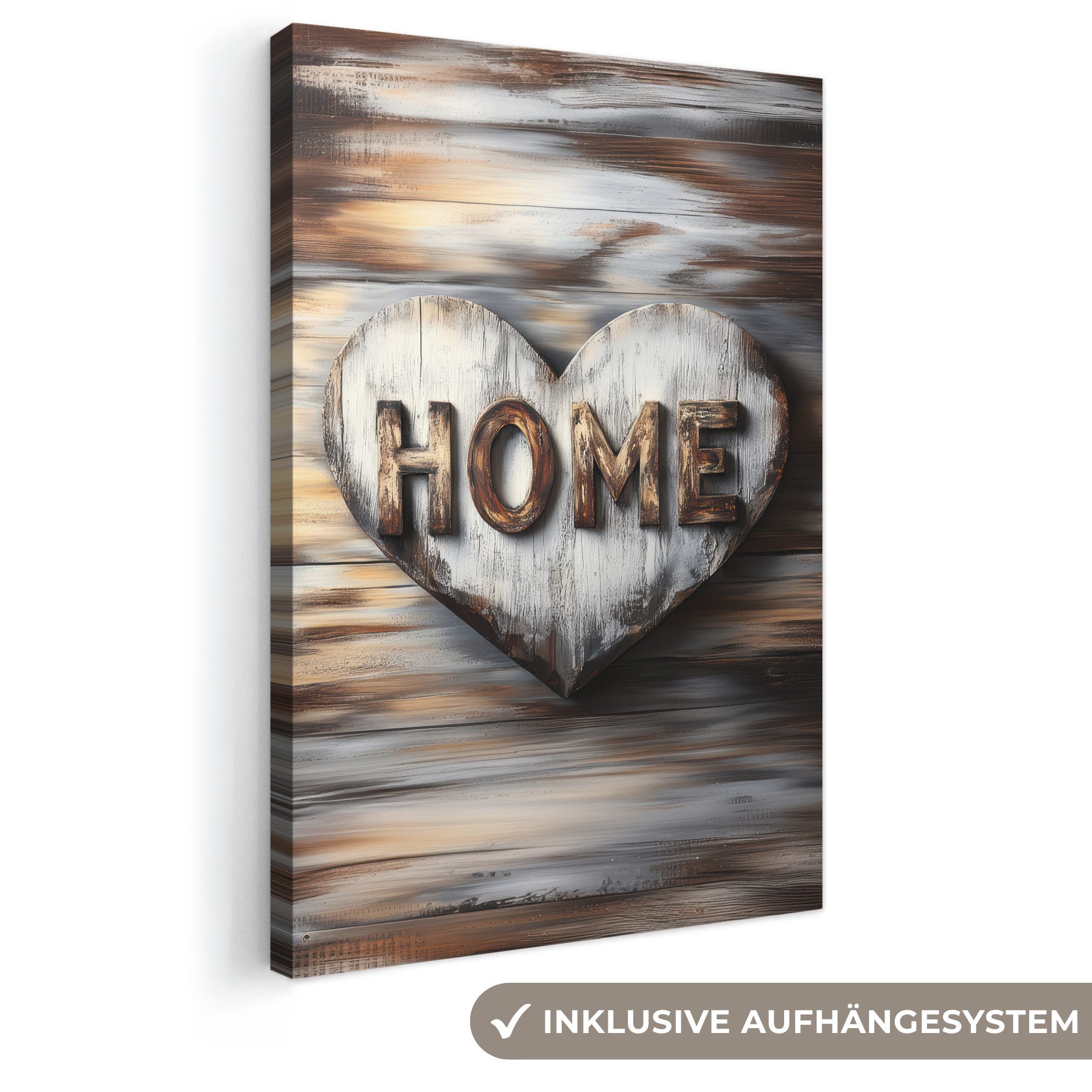 OneMillionCanvasses® Leinwandbild Zuhause - Herz - Holzoptik - Liebe, Fotodruck (1 St), Leinwand Canvas Wandbild, Wanddekoration 20x30 cm