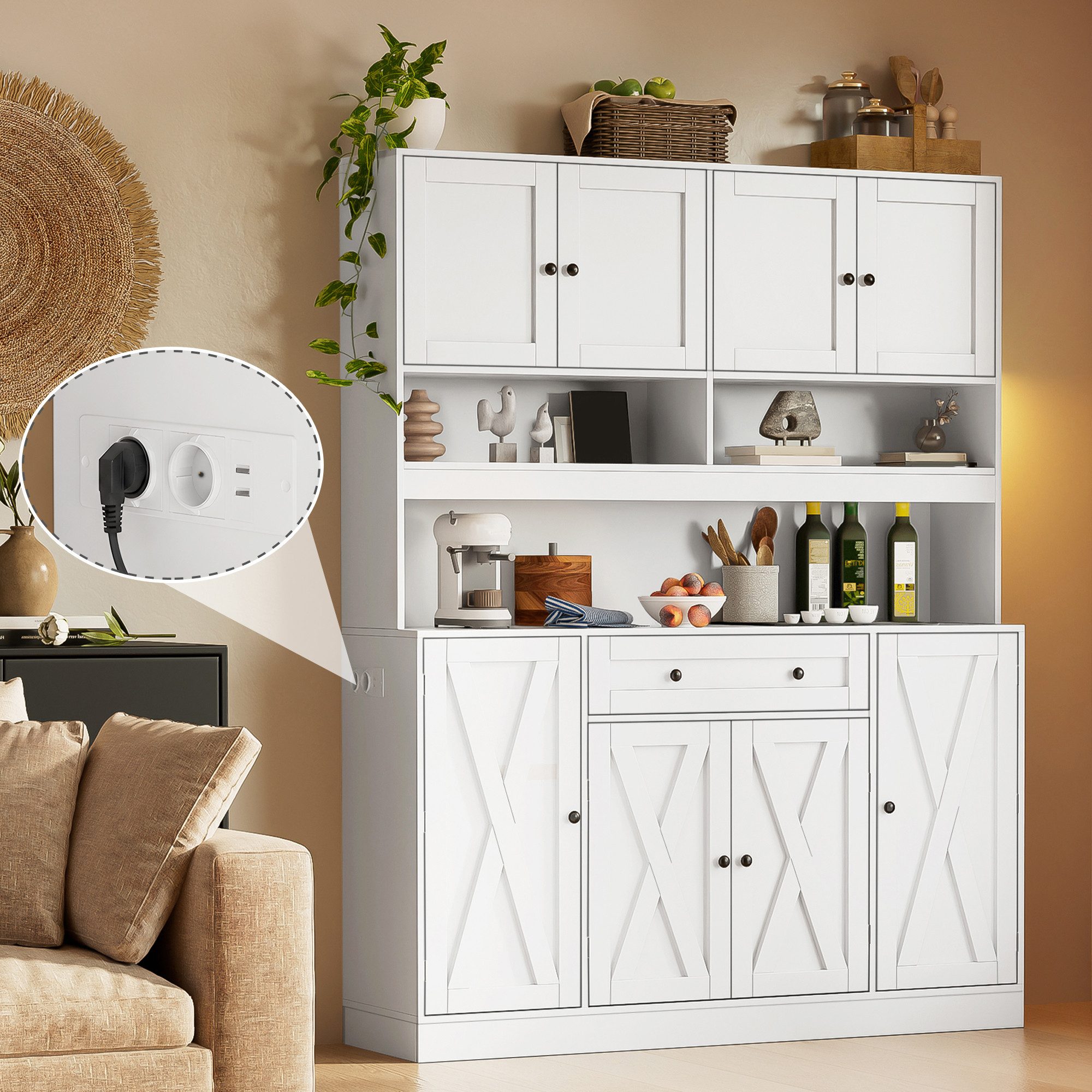 Flieks Küchenbuffet Hochschrank mit Arbeitsplatte, Steckdosen, verstellbaren Einlegeböden (140x40x185 cm, 1-St) Vorratsschrank …
