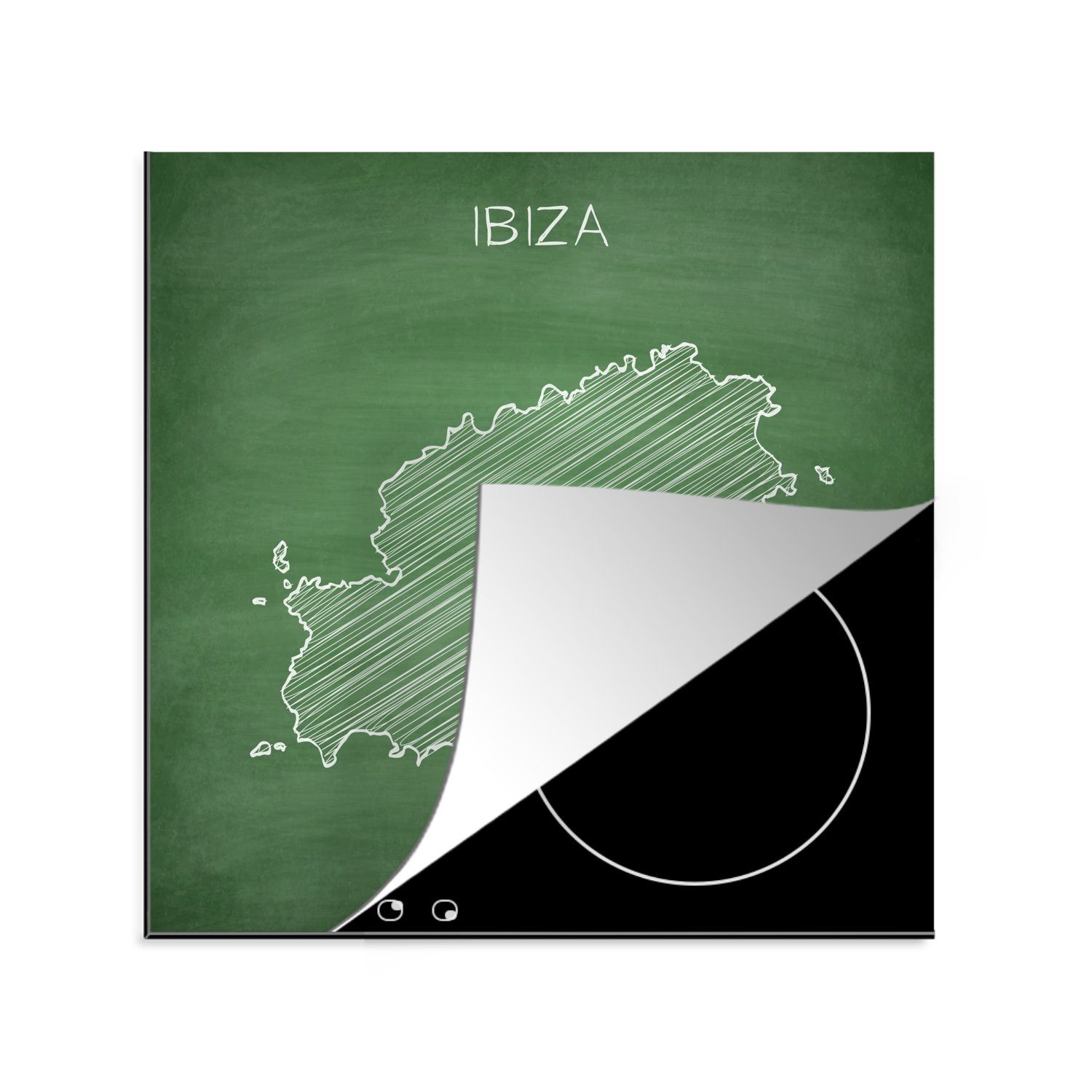 MuchoWow Herdblende-/Abdeckplatte Illustration einer Karte von Ibiza auf einer Kreidetafel, Vinyl, (1 tlg), 78x78 cm, Ceranfeldabdeckung, Arbeitsplatte für küche