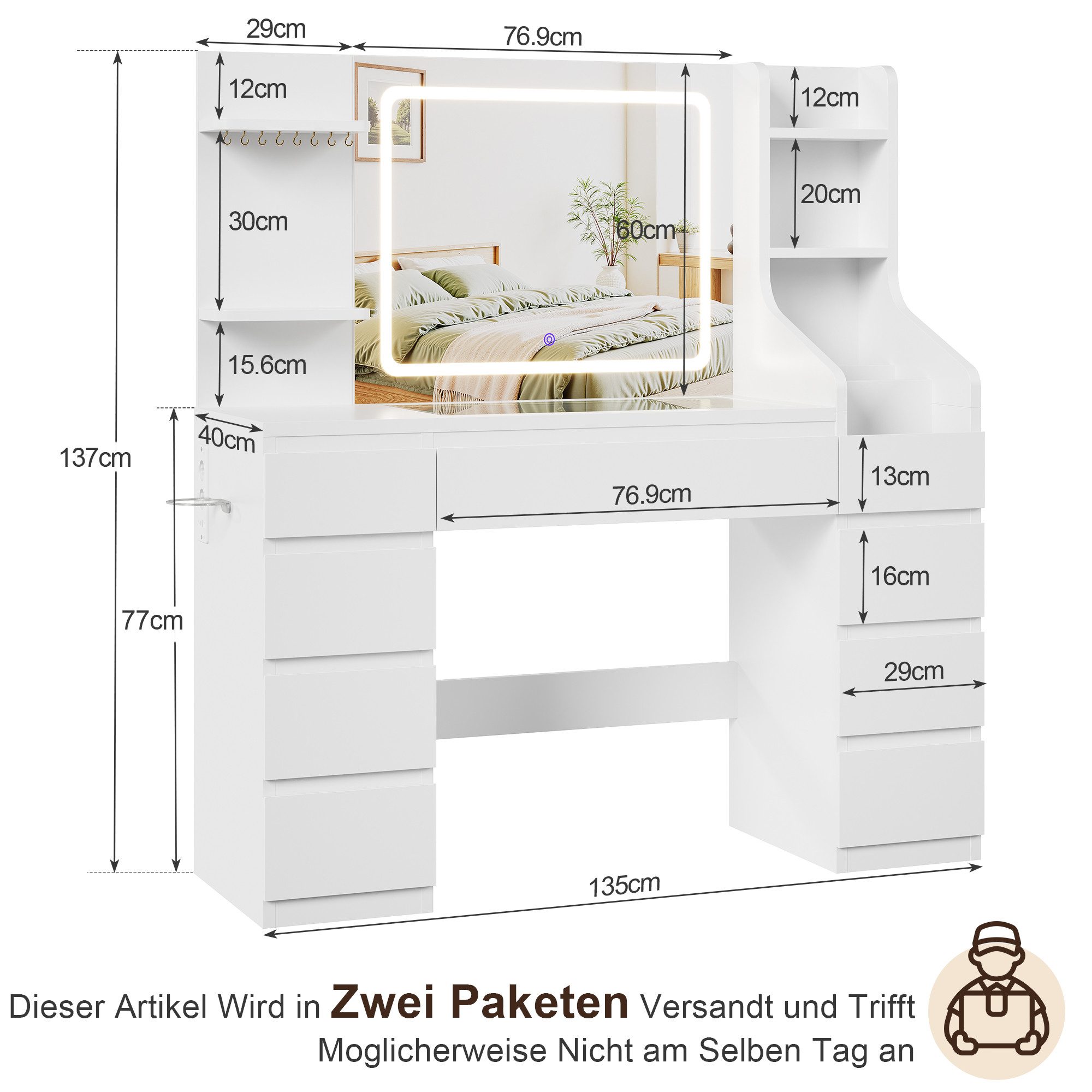 HOMALL Schminktisch Dreifarbiger, LED-beleuchteter Schminktisch Extra großer Stauraum (Maße: 135 × 40 × 137 cm, Arbeitsplatte aus gehärtetem Glas, mit 7 offenen Ablagefächern + 9 Schubladen, 2 Steckdosen + 1 USB-Anschluss + 1 Typ-C-Anschluss, Halterung für Haartrockner -ostern geschenke)