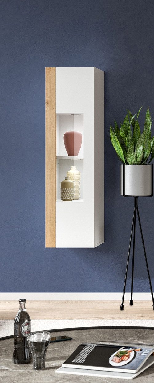 xonox.home Wohnwand Vitrine Ruda, weiß / Artisan Eiche, Vitrine weiß, Wohnzimmerschrank 30 cm