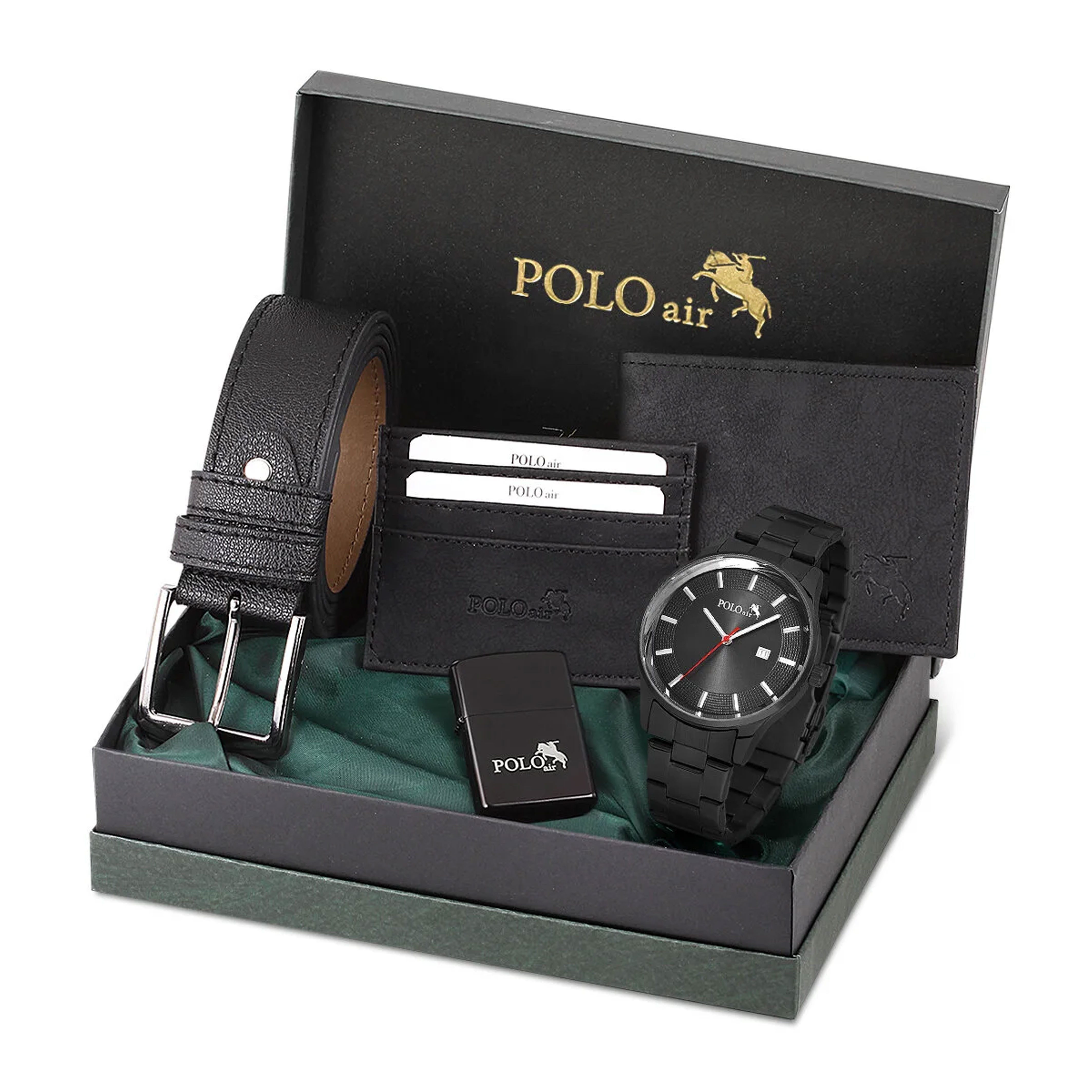 Herrendiener Polo Air Black Edition Geschenkset Herrenuhr Geldbörse Gürtel Set