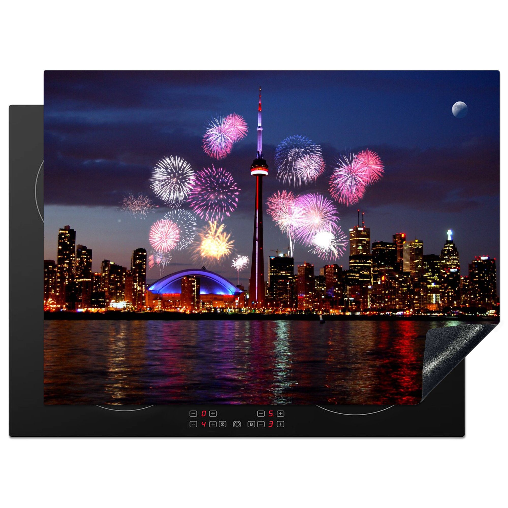 MuchoWow Herdblende-/Abdeckplatte Feuerwerk über dem kanadischen Toronto bei Nacht, Vinyl, (1 tlg), 70x52 cm, Mobile Arbeitsfläche nutzbar, Ceranfeldabdeckung