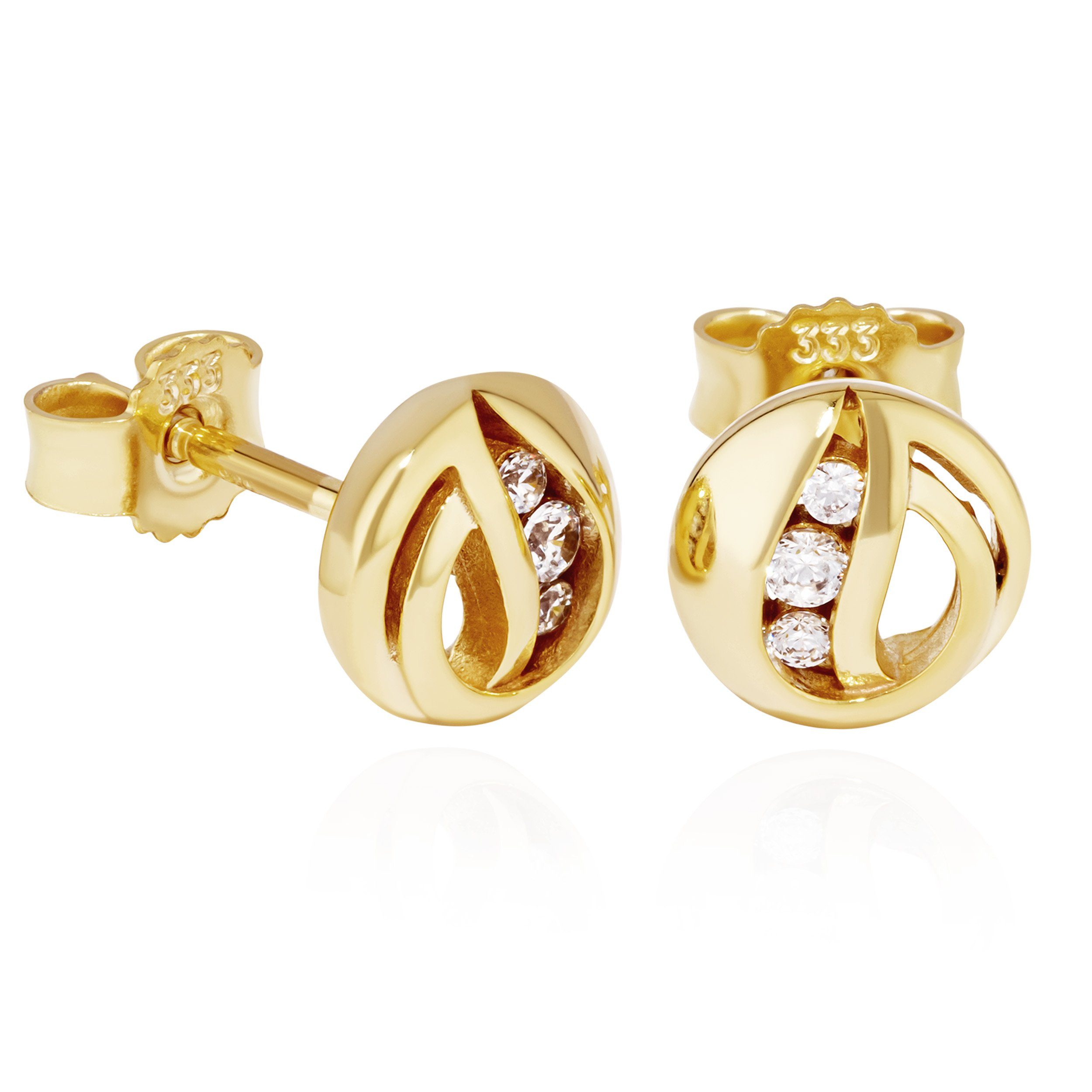 NKlaus Paar Ohrstecker Paar rund Ohrstecker 333 Gelb Gold 8 Karat 7mm Ohrringe mit drei Zirko