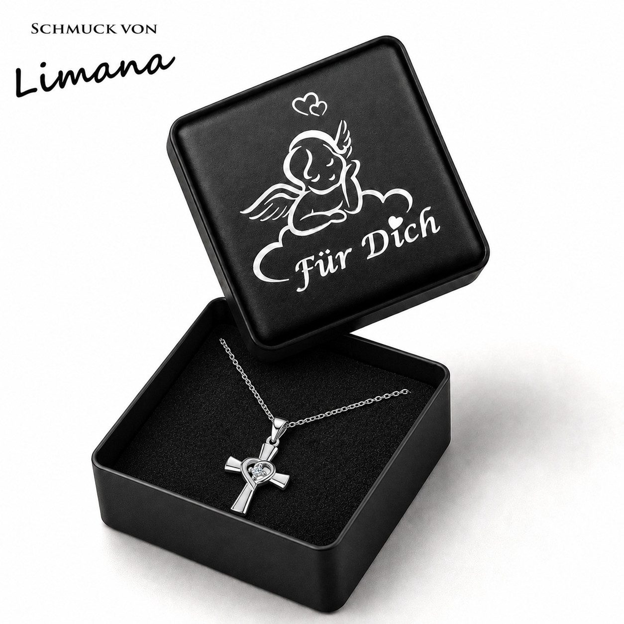 Limana Kette mit Anhänger Herzkreuz Mädchen 925 Silber Zirkonia Schmuck Geschenk (Kinder Halskette inkl. Dose), Geburtstag Einschulung Schulanfang Kommunion Wei – Bild 5 von 5