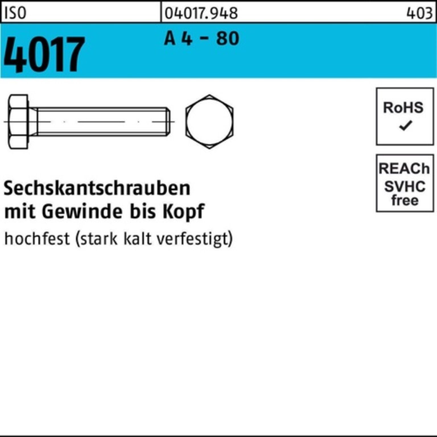 Bufab Sechskantschraube 4017 VG - 50 80 45 100er Pack M12x 4 Stück Sechskantschraube ISO IS A