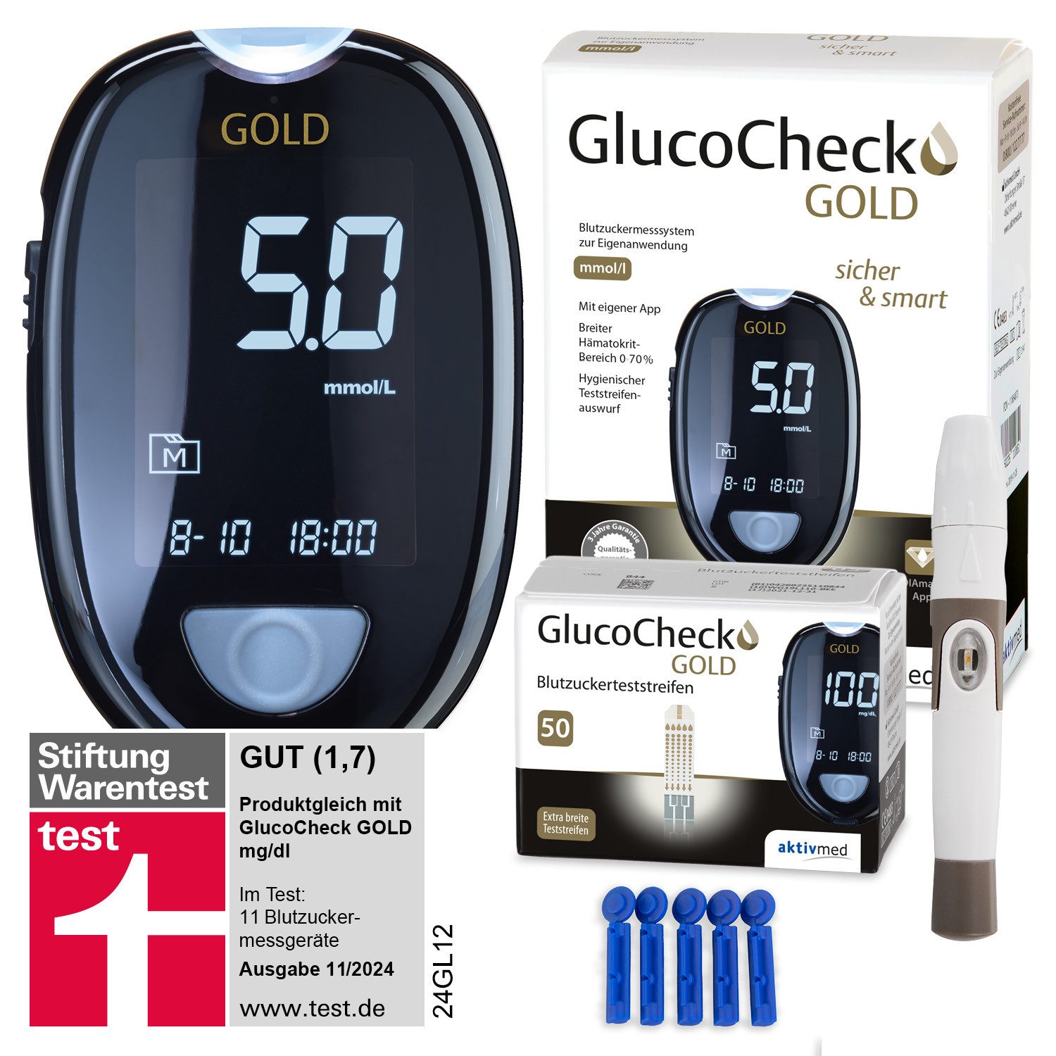 GlucoCheck Blutzuckermessgerät GlucoCheck GOLD Starter-Set mit 60 Teststreifen mmol/l
