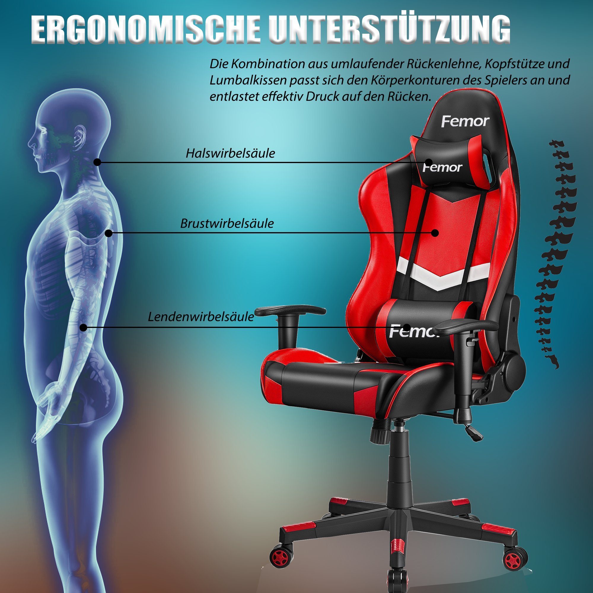 90°-160° Chair Stuhl, rot Gaming Femor Gaming Neigungswinkel Gamer Stuhl