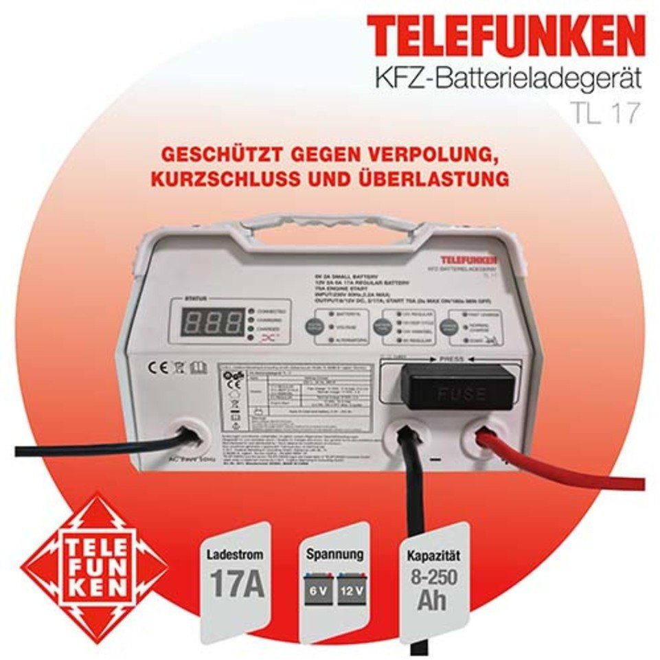 Telefunken Telefunken KFZ-Batterieladegerät TL 17 Autobatterie-Ladegerät  (2,61 mA, Schutz gegen Kurzschluss Überlastung, autom. Batterietyperkennung)